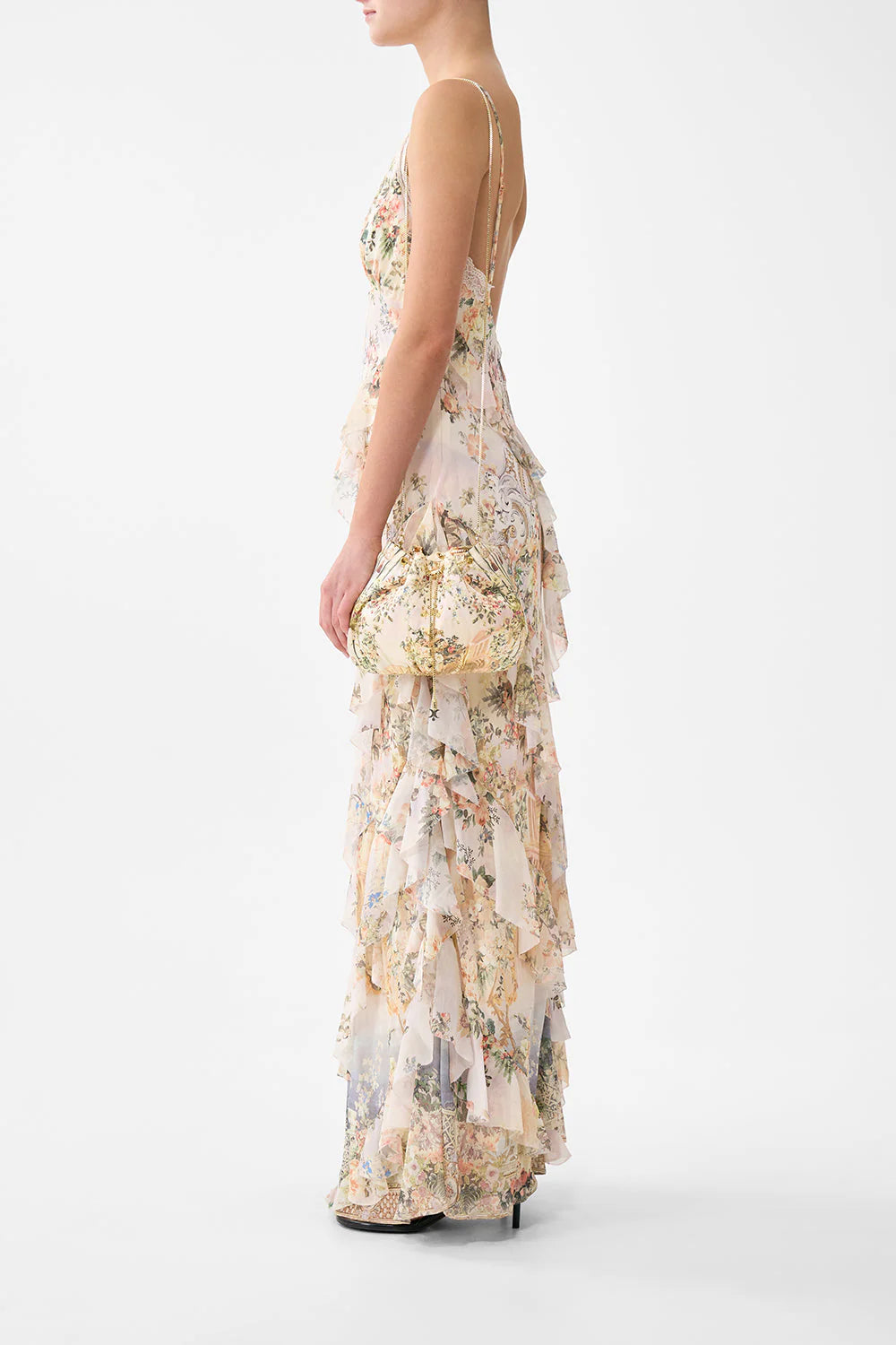 Twilight in Istanbul Drawstring Silk Pouch Bag With Chain Straps in Beige