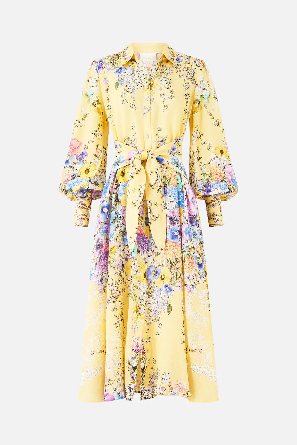 Darling Buds Waist Tie Linen Floral Shirt Maxi Dress in Yellow