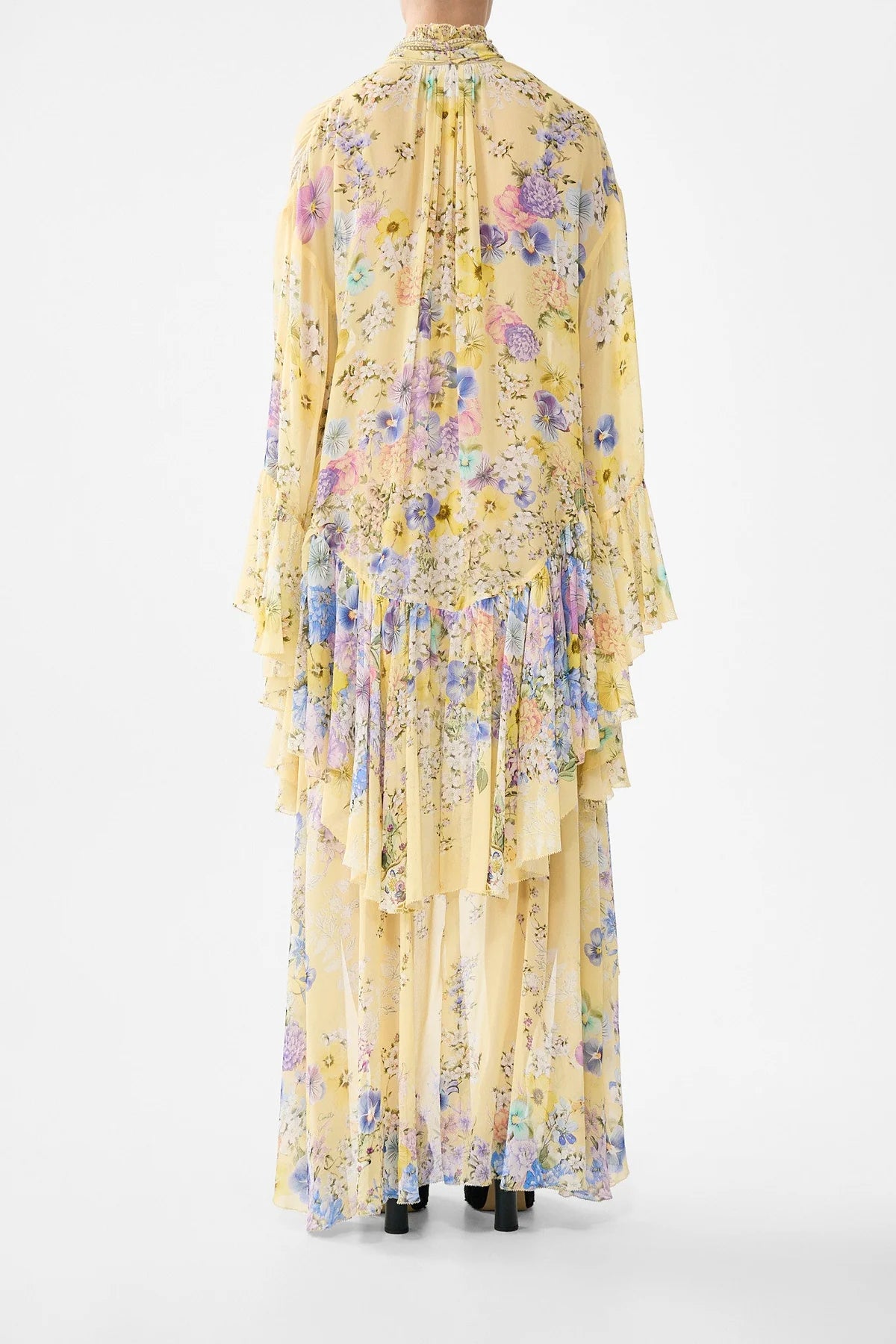 Darling Buds Ruffle High Low Floral Silk Maxi Dress With Long Sleeves in Yellow