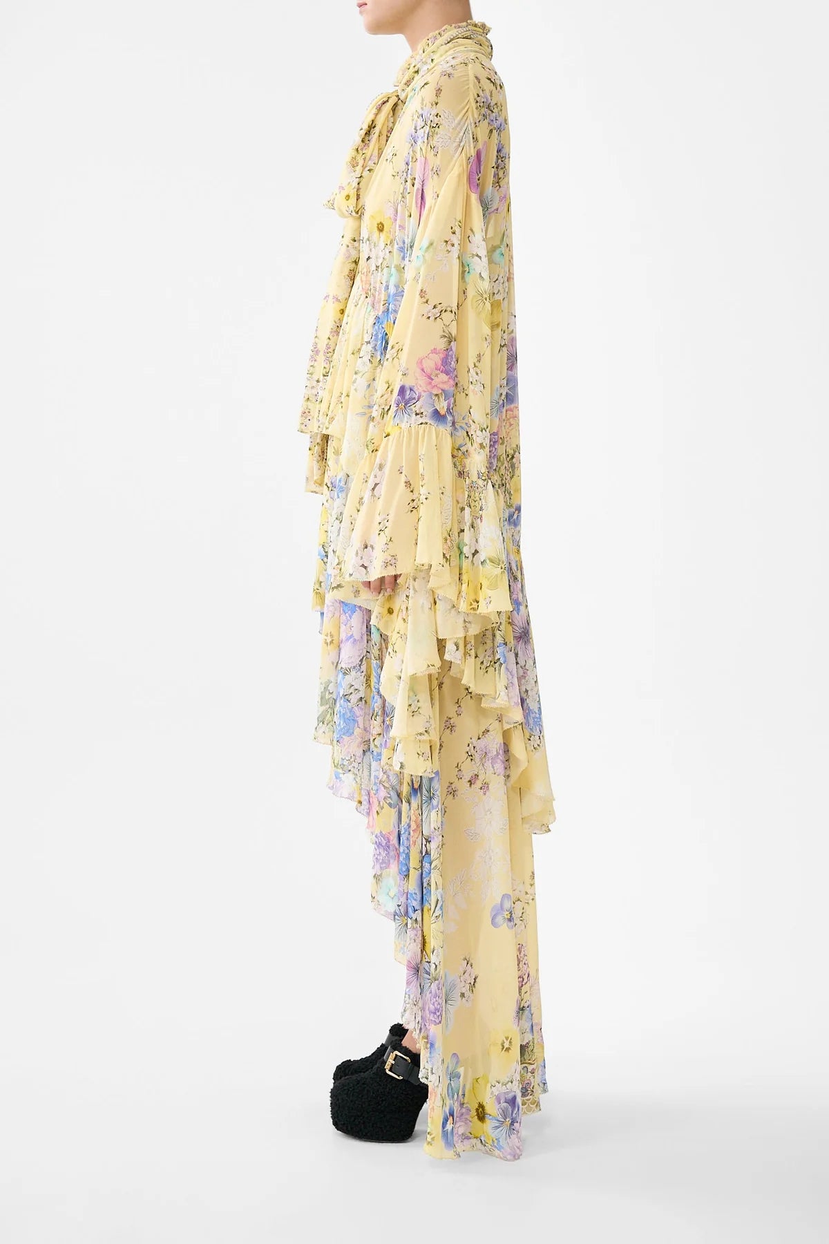 Darling Buds Ruffle High Low Floral Silk Maxi Dress With Long Sleeves in Yellow