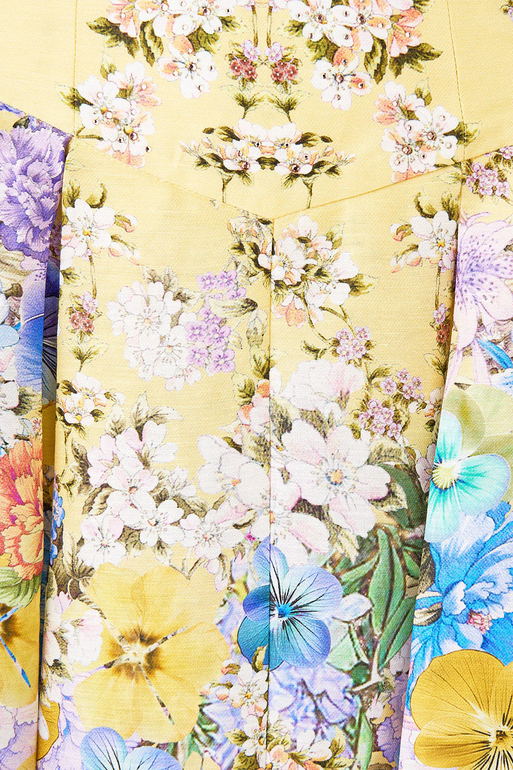 Darling Buds Corset Waist Floral Linen Silk Maxi Skirt in Yellow