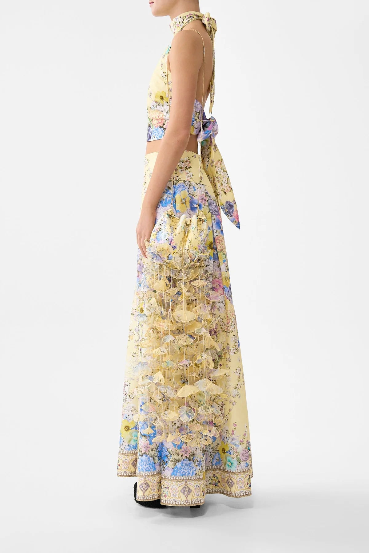 Darling Buds Floral Drawstring Silk Pouch Bag With Floral Fringes in Yellow