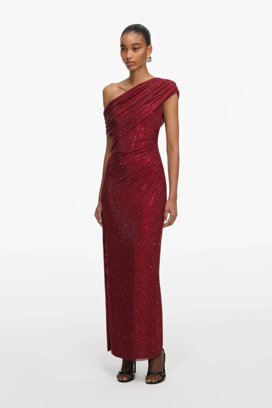 Rhinestone Drape Evening Dress in Burgundy