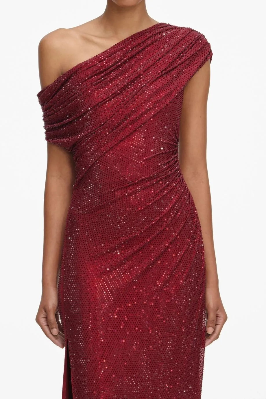 Rhinestone Drape Evening Dress in Burgundy