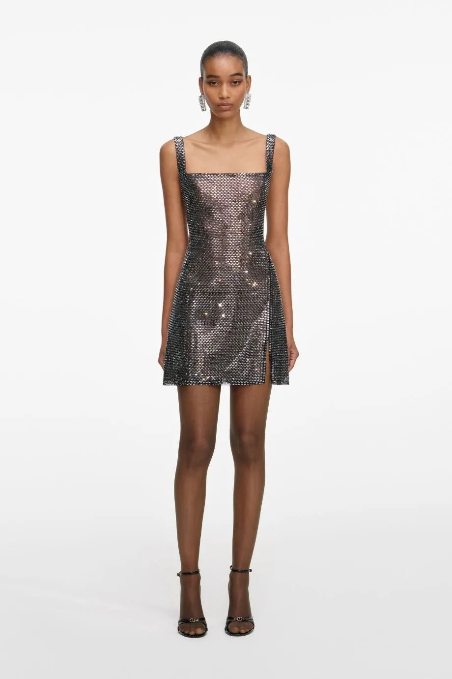 Sleeveless Rhinestone Mesh Evening Dress in Grey