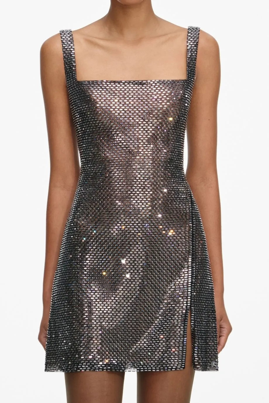 Sleeveless Rhinestone Mesh Evening Dress in Grey
