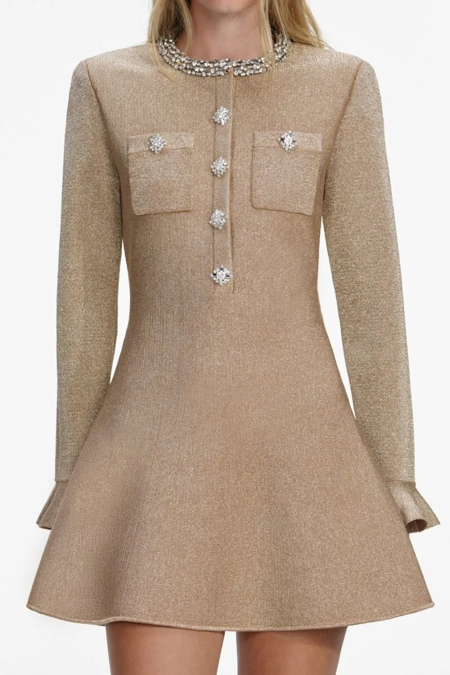 Collared Crystal Trim Knit Mini Dress in Gold
