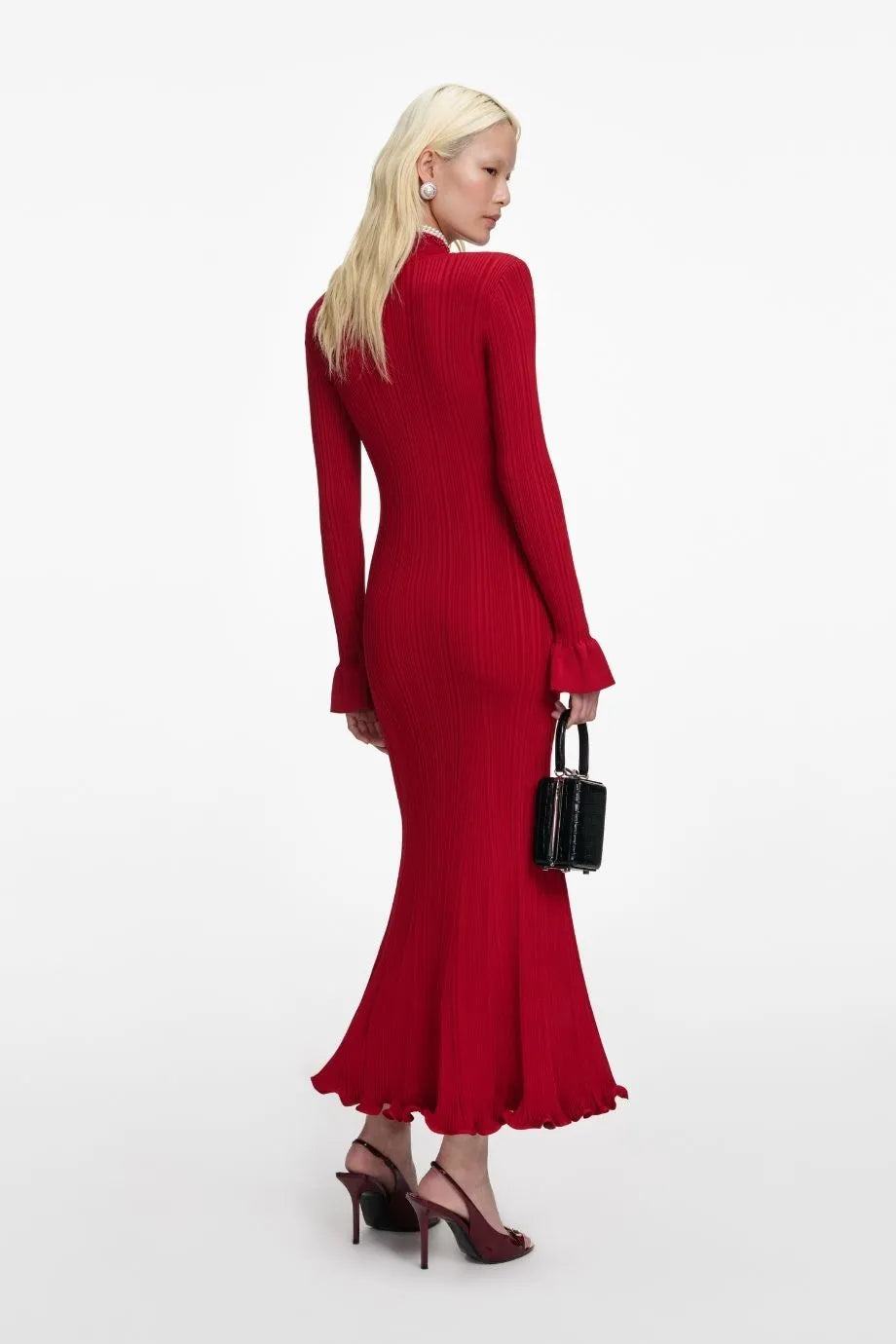 Pearl Trim Knit Midi Dress in Red