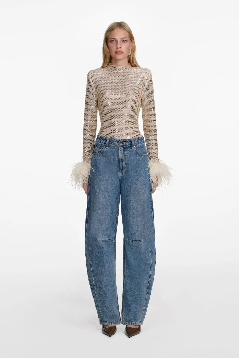 Rhinestone Feather Top in Beige