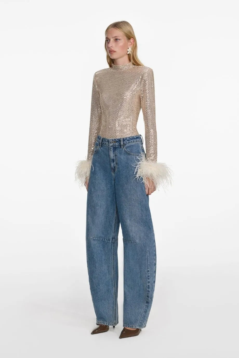Rhinestone Feather Top in Beige