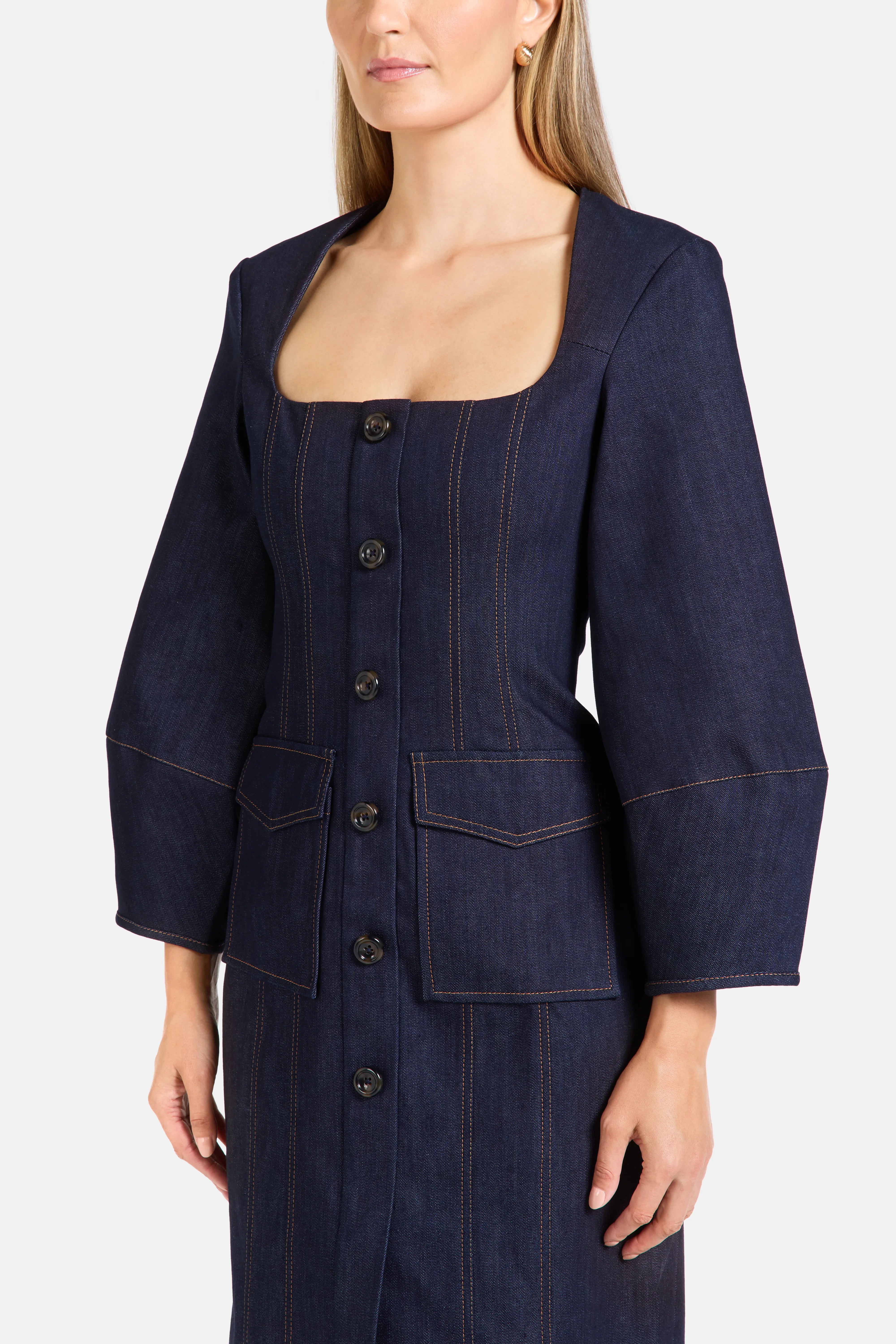 Norah Puff Sleeves Denim Cotton Midi Dress in Blue