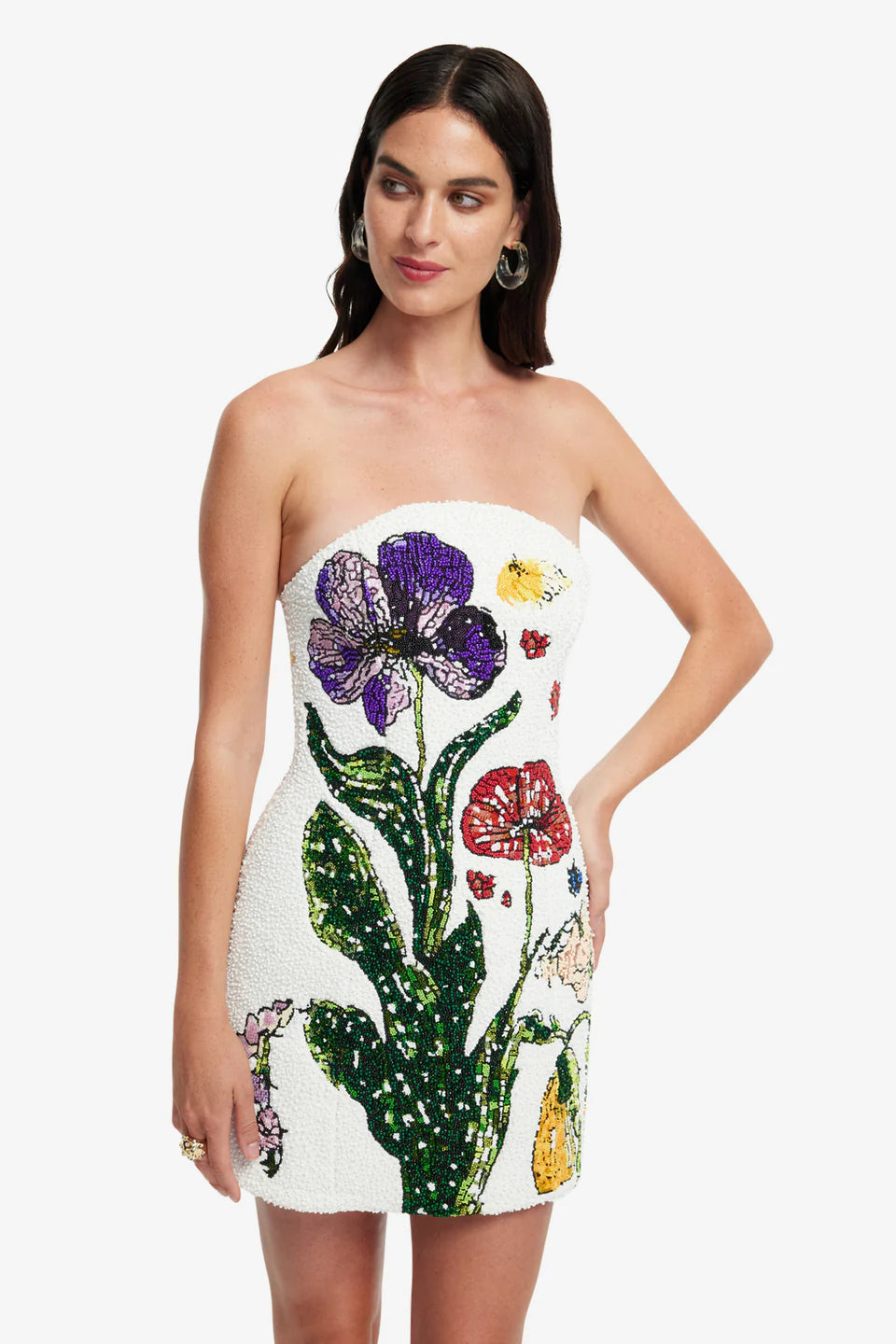 Rosario Beaded Wildflowers Floral Mini Dress in White
