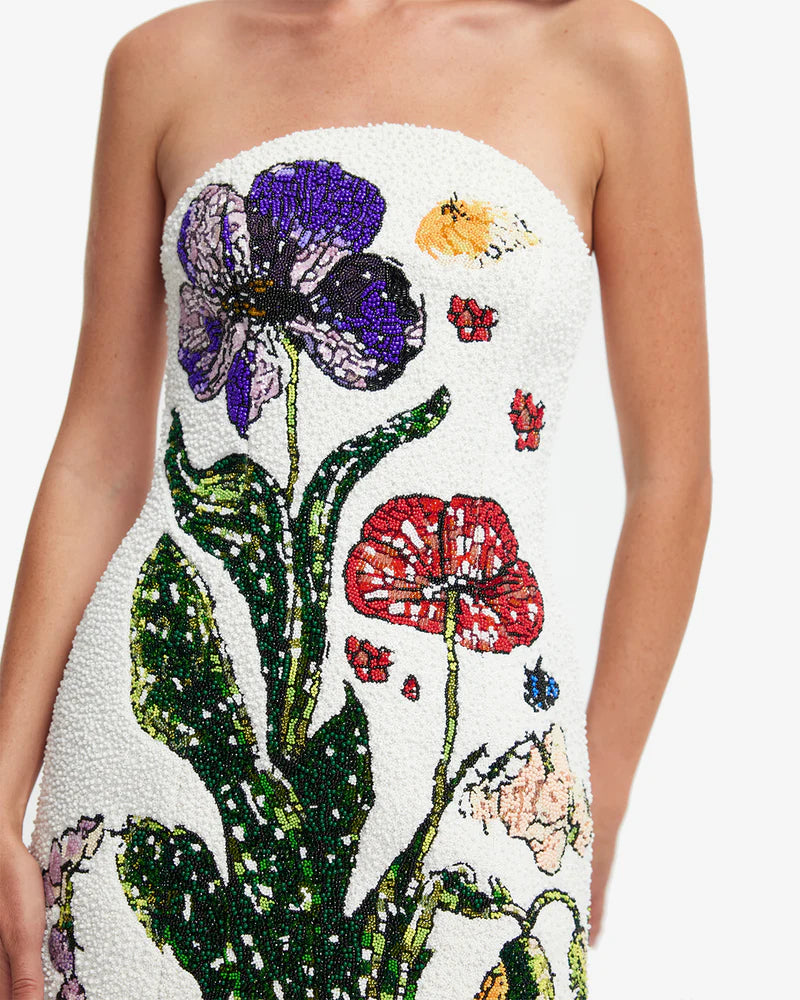 Rosario Beaded Wildflowers Floral Mini Dress in White