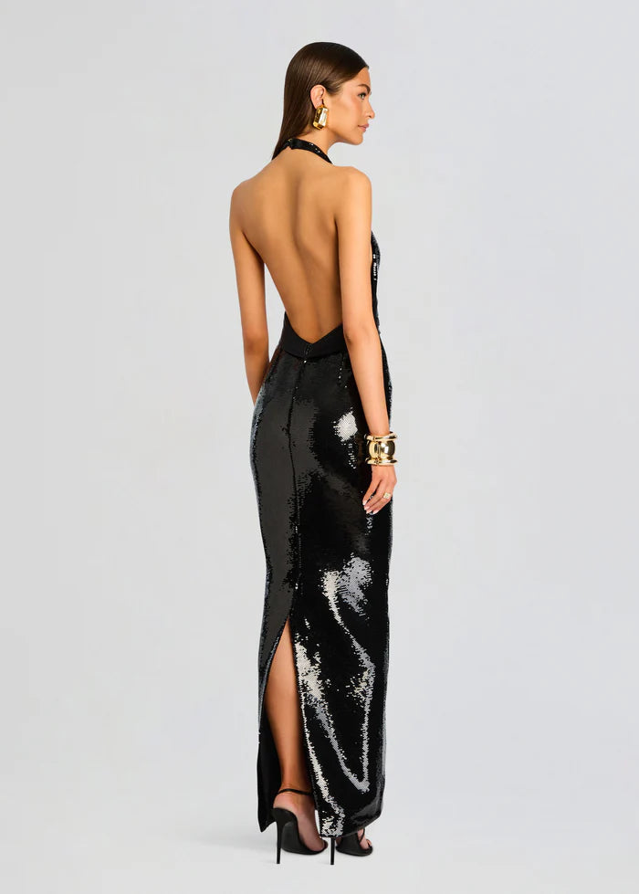 Kelsie Sequins Halter Neck Evening Dress in Black