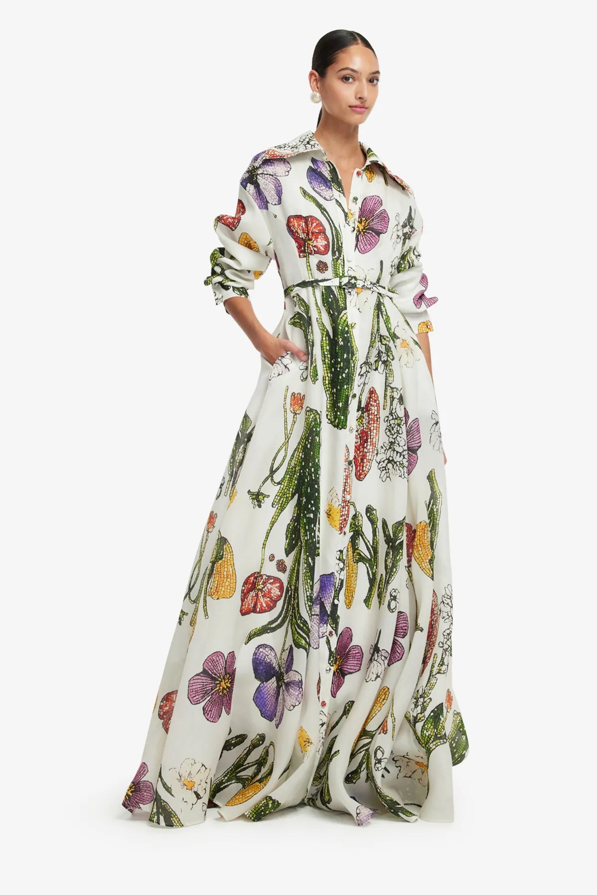 Josephine Beaded Wildflowers Floral Silk Maxi Dress in White