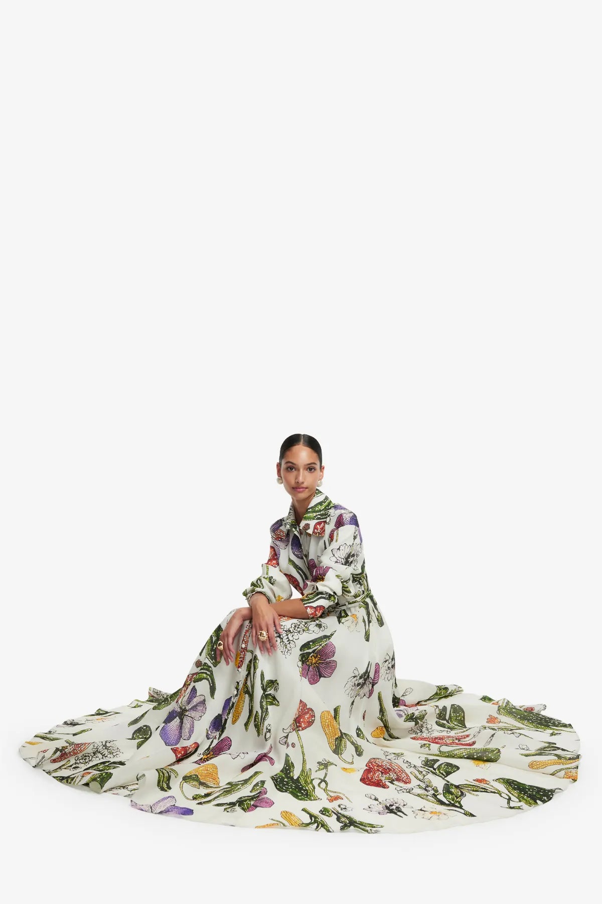 Josephine Beaded Wildflowers Floral Silk Maxi Dress in White