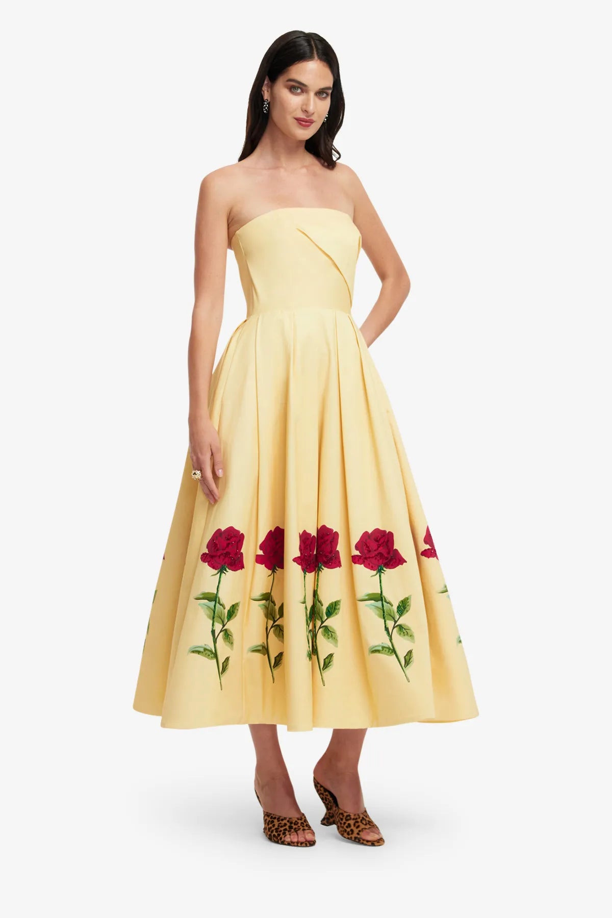 Lynn Embellished Rose Sleeveless Bustier Cotton Midi Dress in Beige