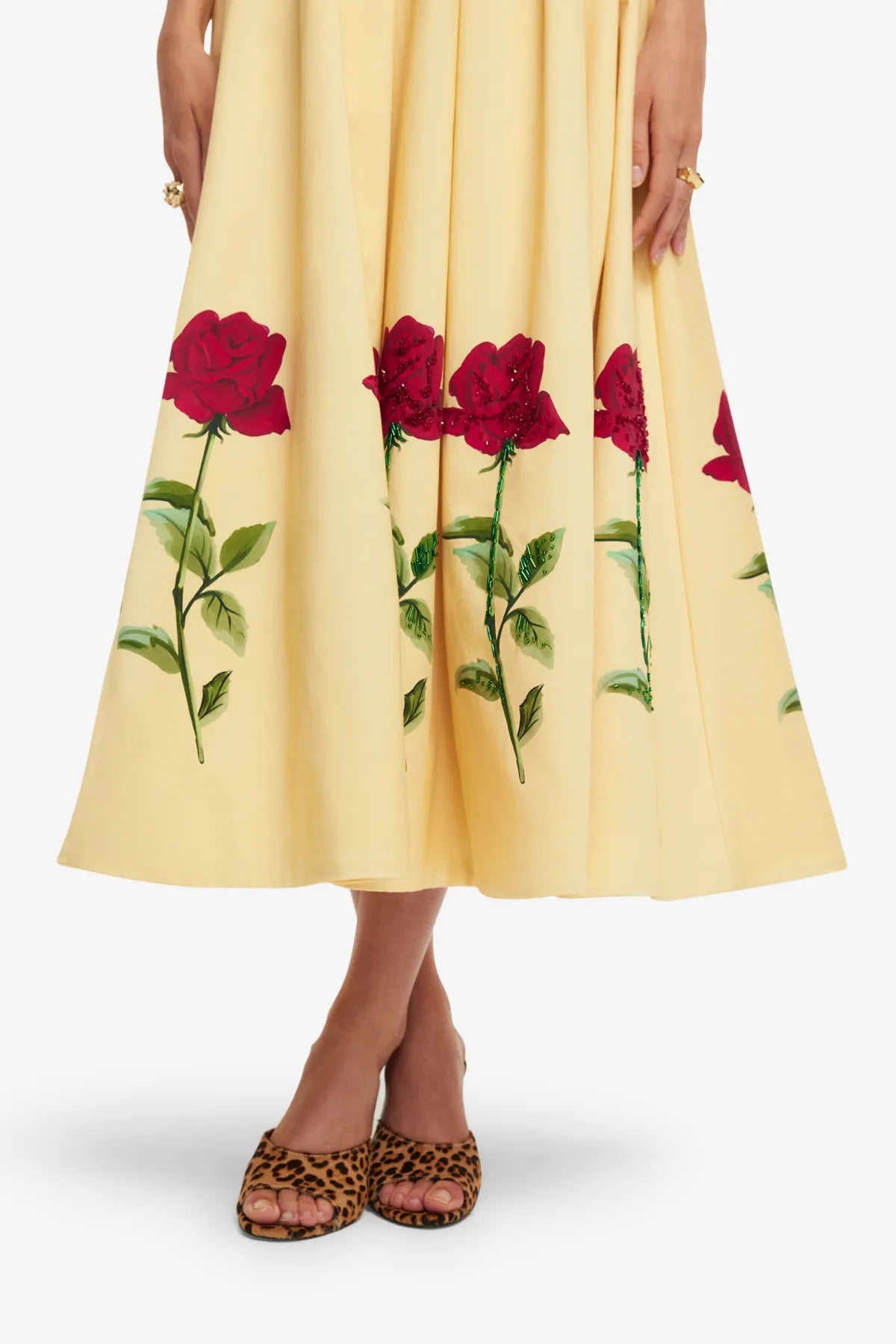 Lynn Embellished Rose Sleeveless Bustier Cotton Midi Dress in Beige