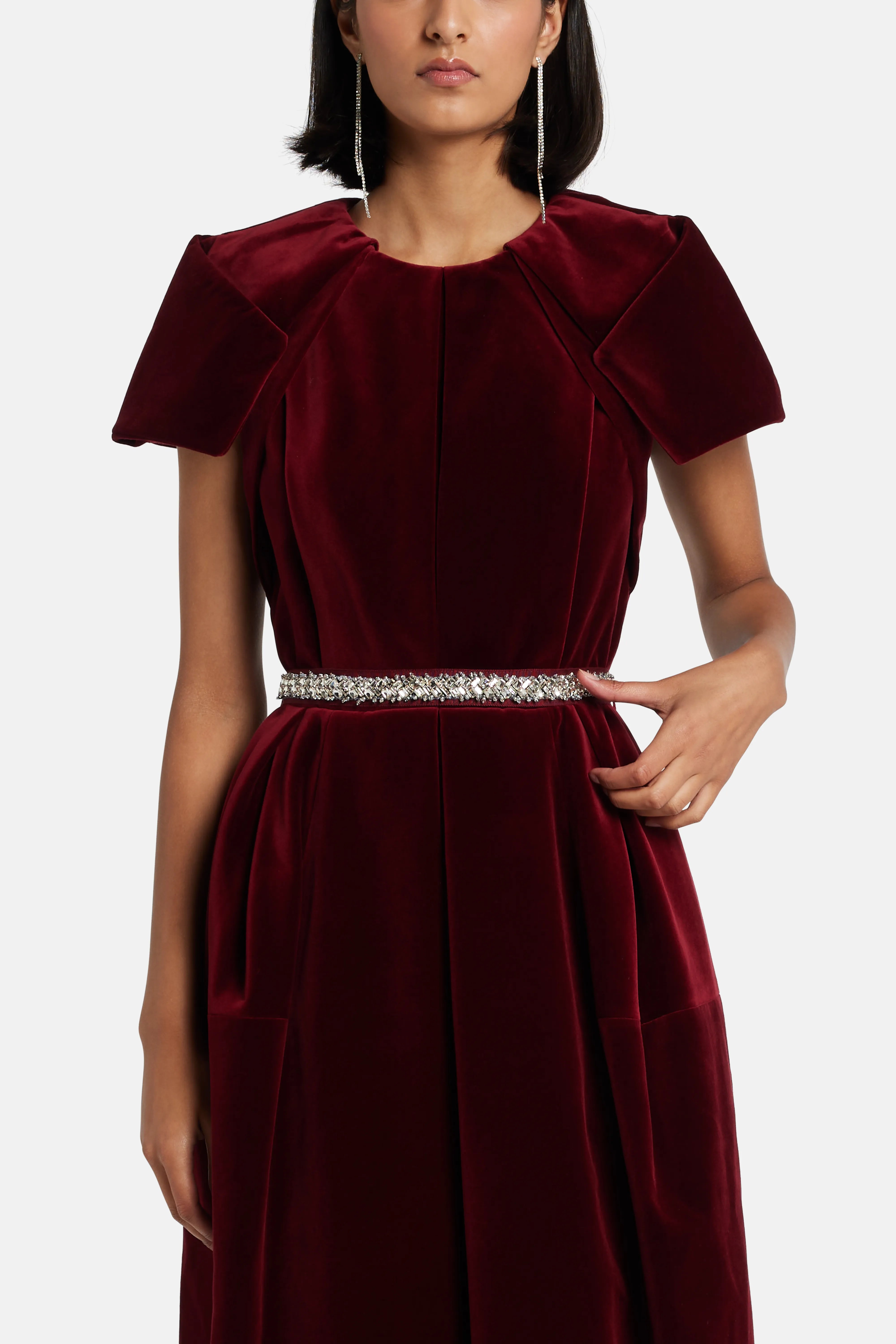Velvet Evening Dress in Maroon with Crystal Belt