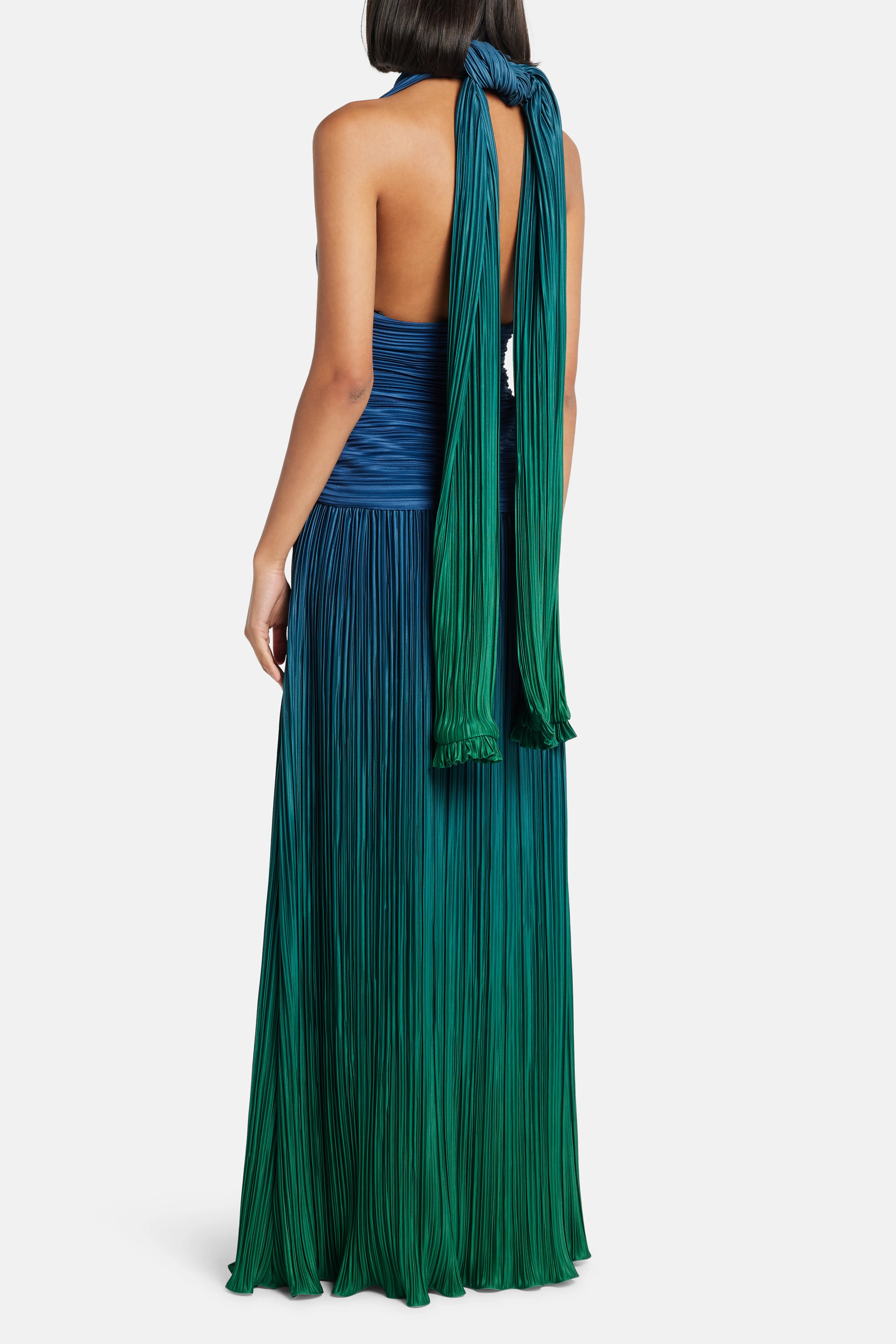 Eco V Neck Pleated Maxi Dress in Green and Blue