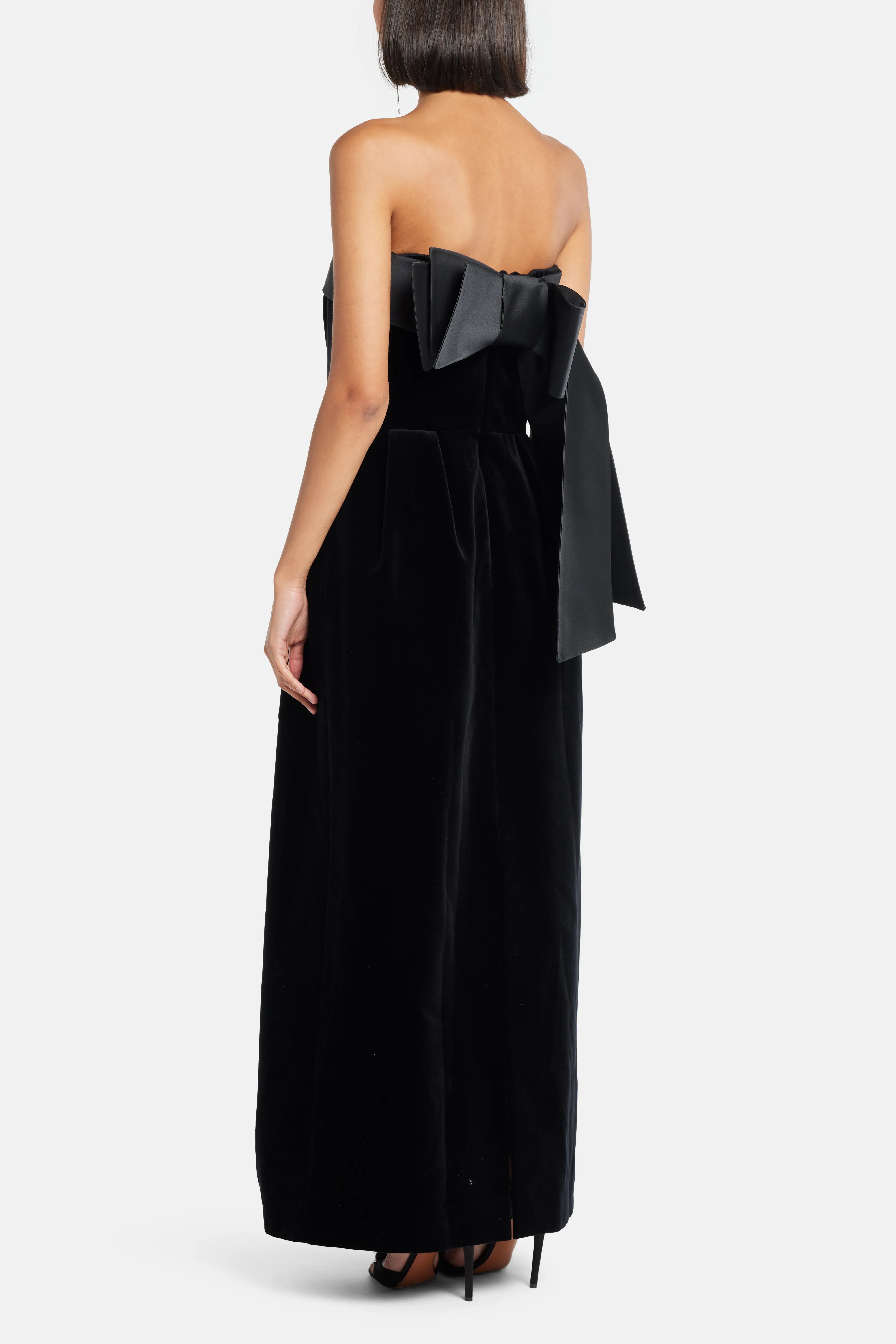 Velvet Strapless Bow Back Evening Dress in Black