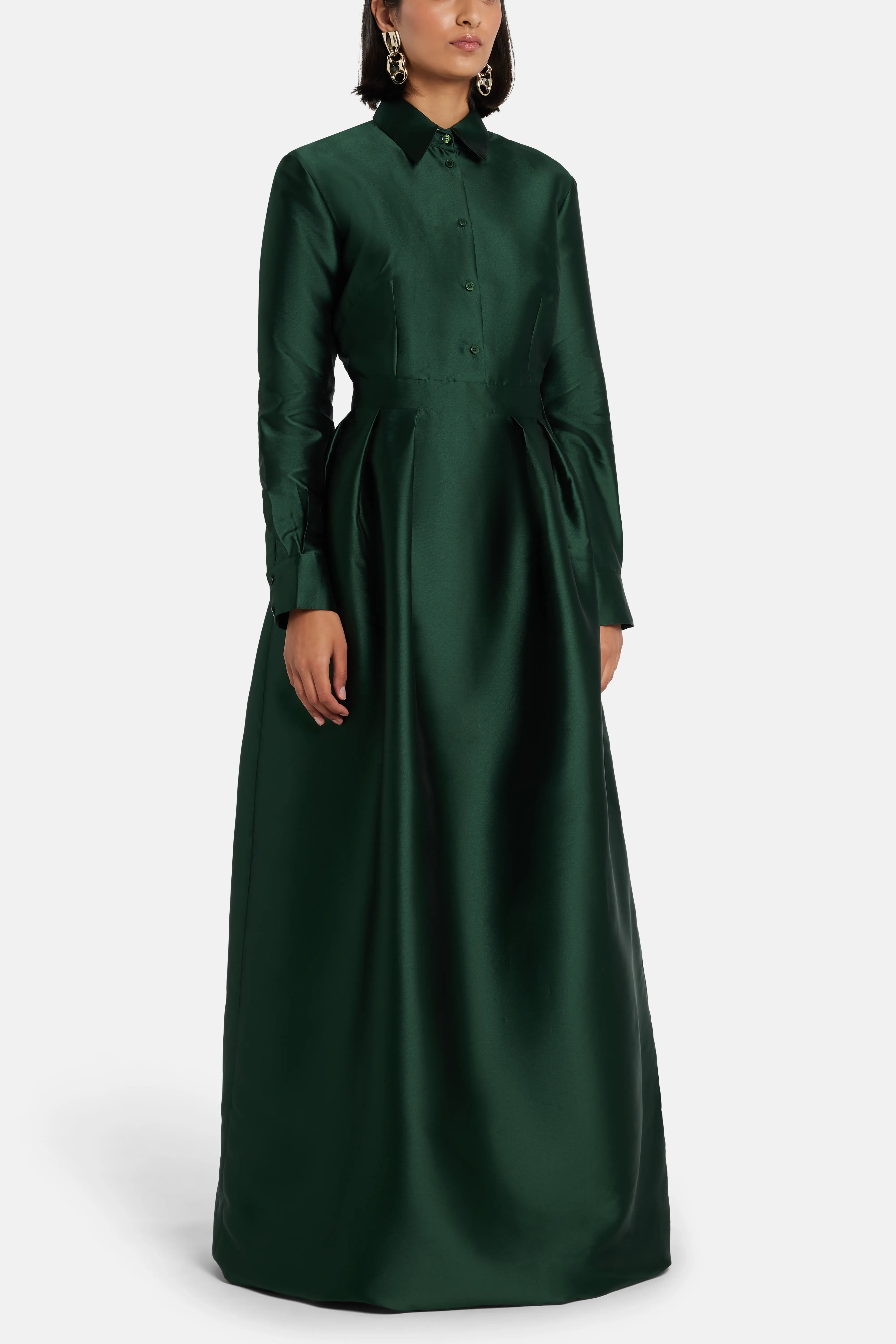 Trompe Loeil Shirt Evening Gown in Green with Button Placket