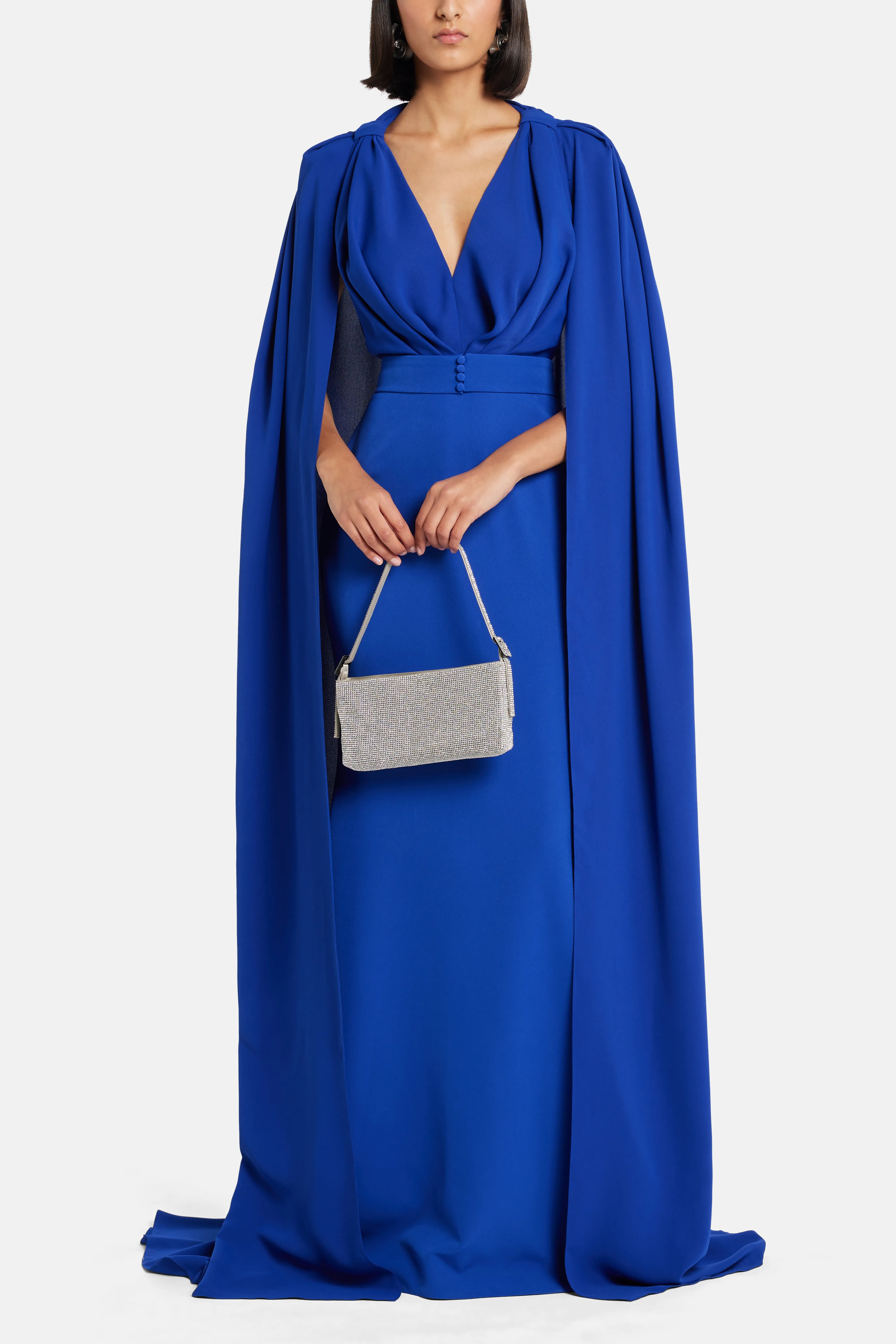 Dalal Cape Sleeves Evening Gown in Blue