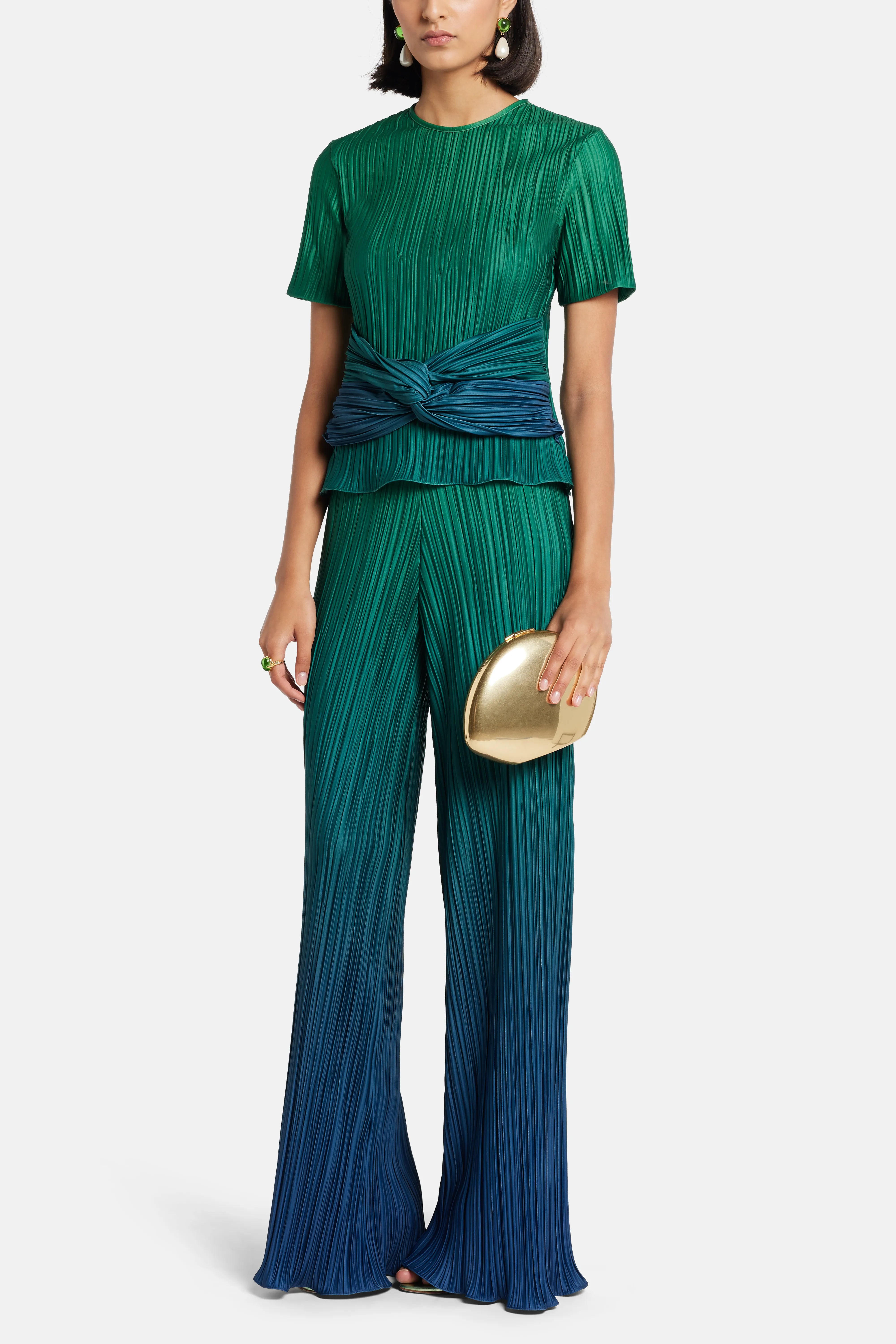 Arena Short Sleeves Pleated Top in Green and Blue