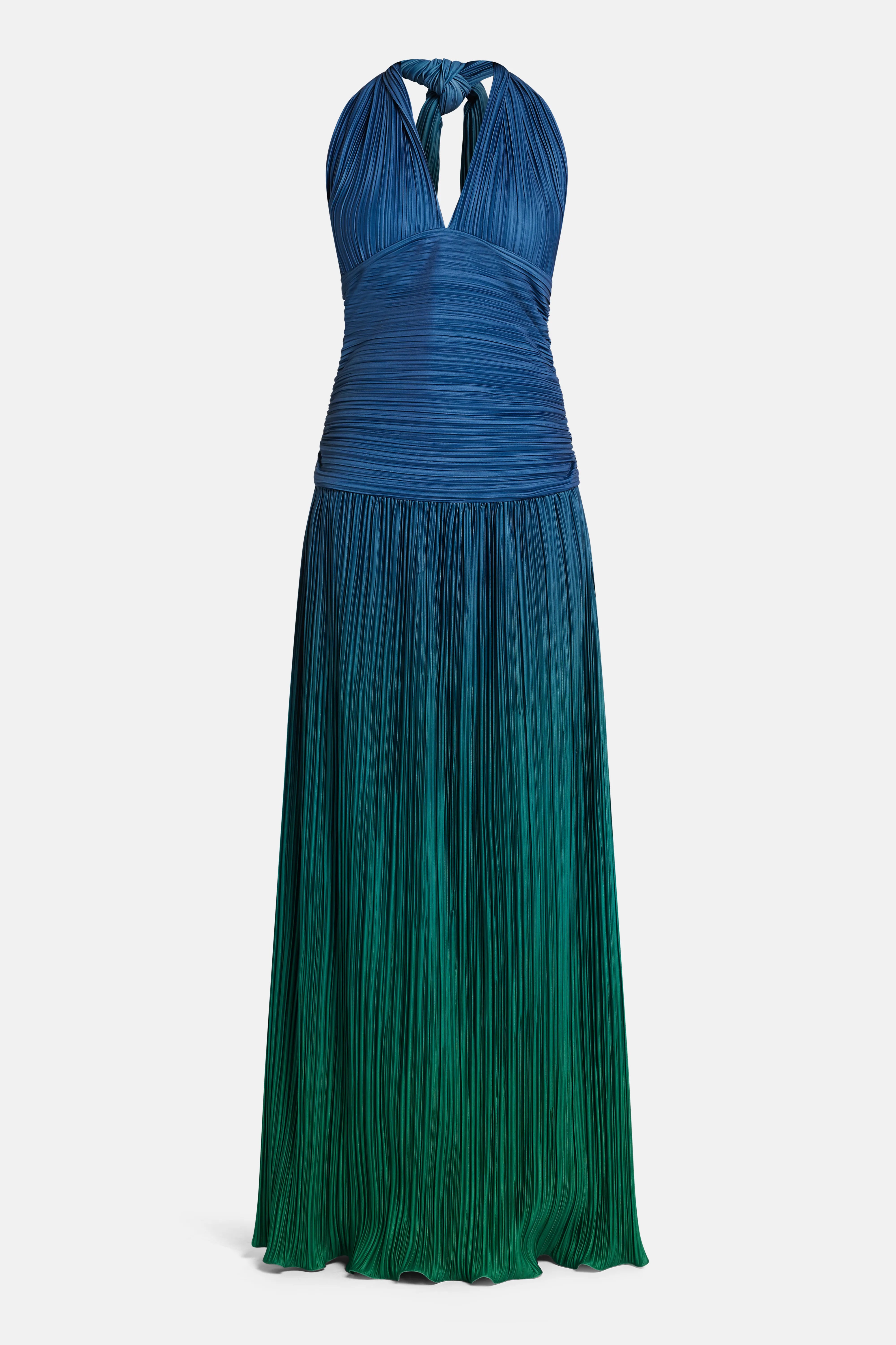 Eco V Neck Pleated Maxi Dress in Green and Blue