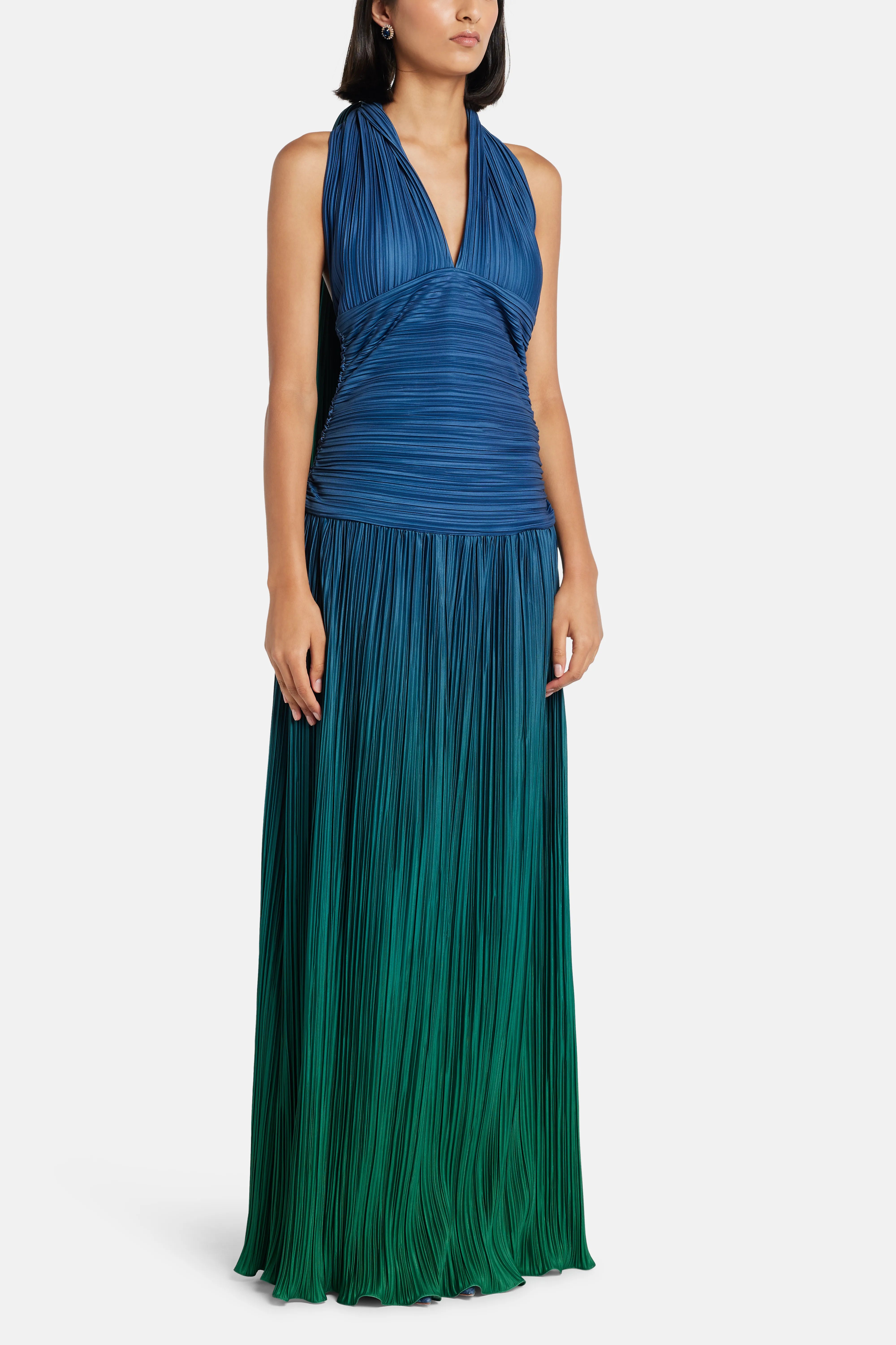 Eco V Neck Pleated Maxi Dress in Green and Blue