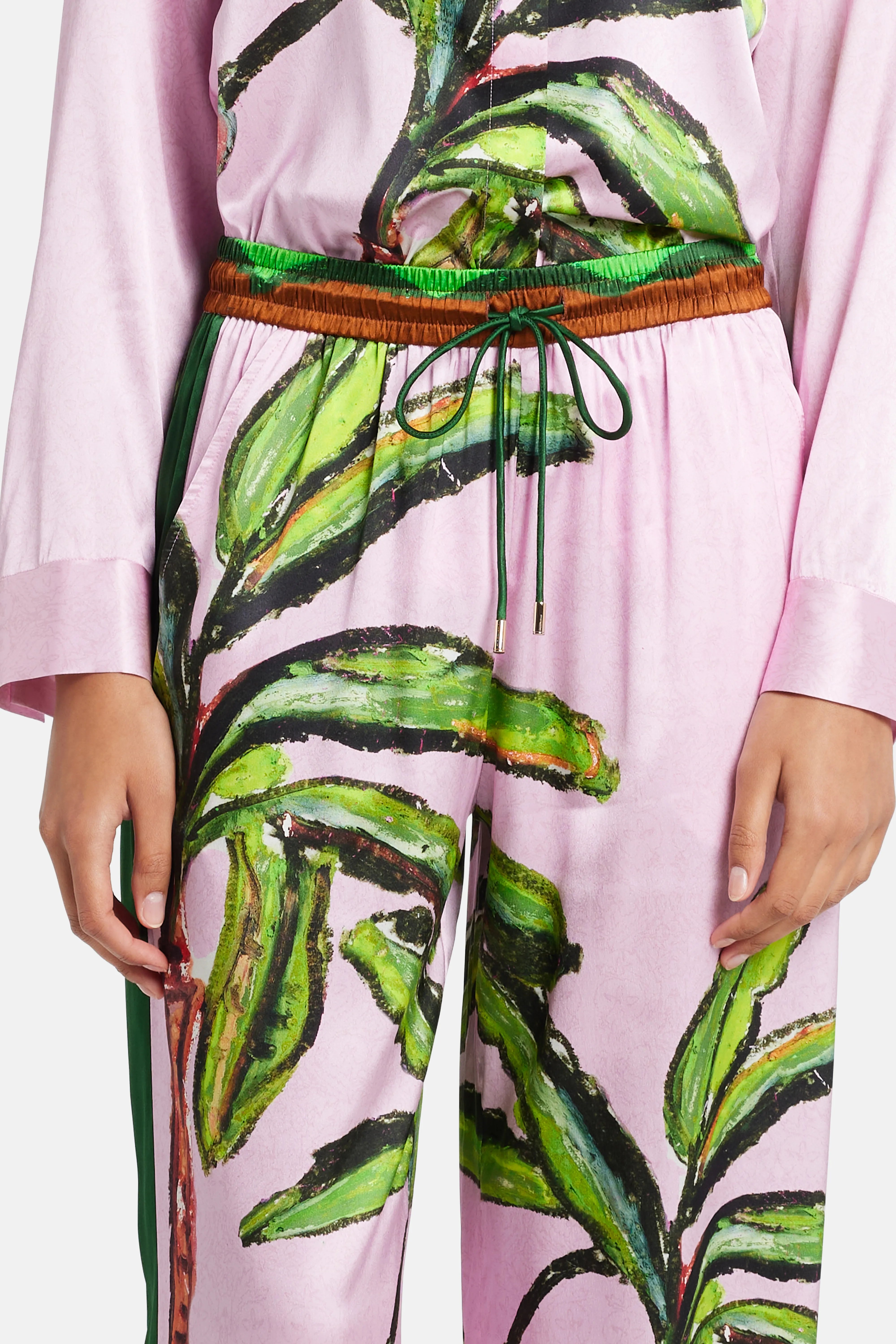 Kumulau Silk Lounge Drawstring Wide Legged Pants in Pink