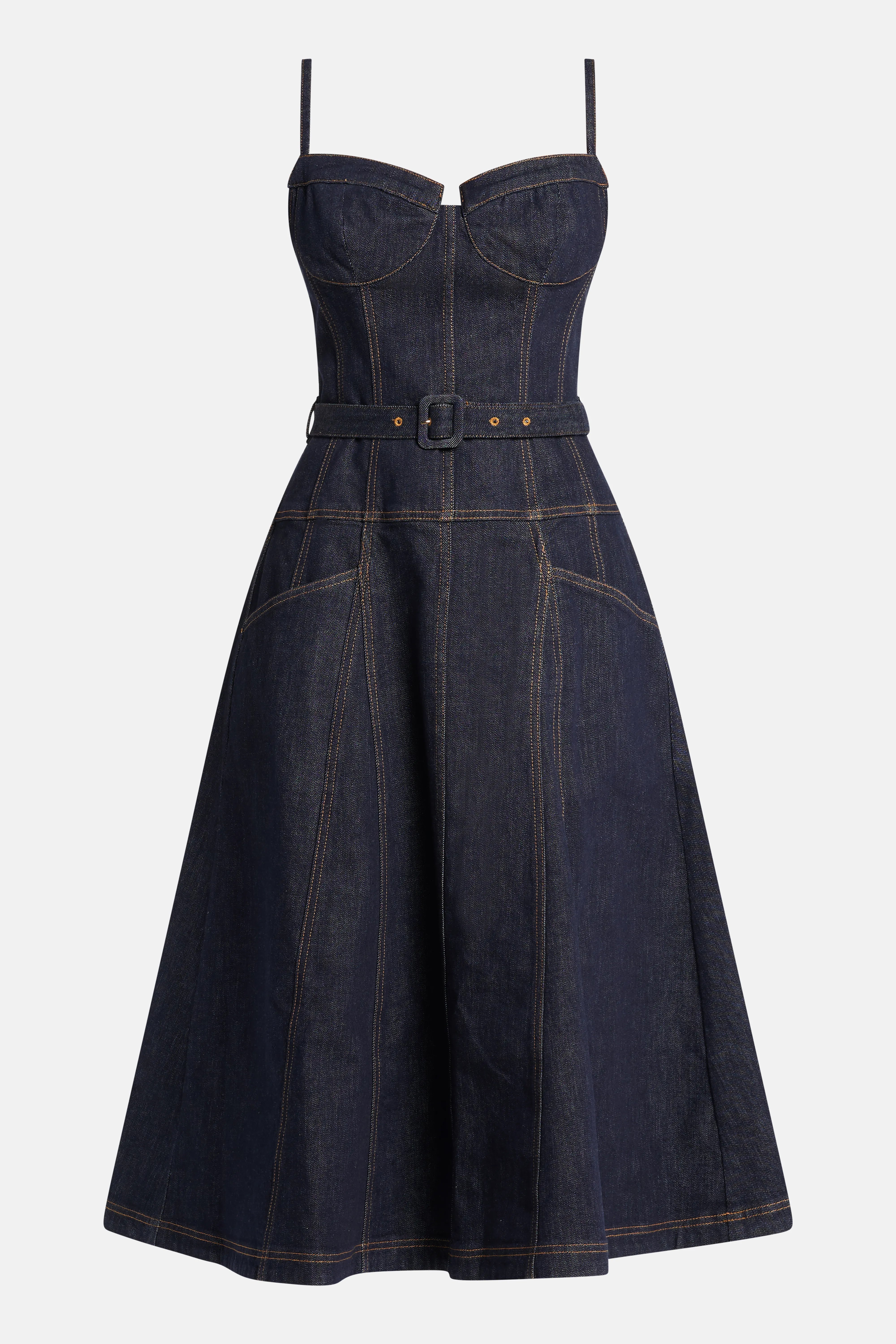 Indigo Denim Sleeveless Flared Cotton Midi Dress in Blue