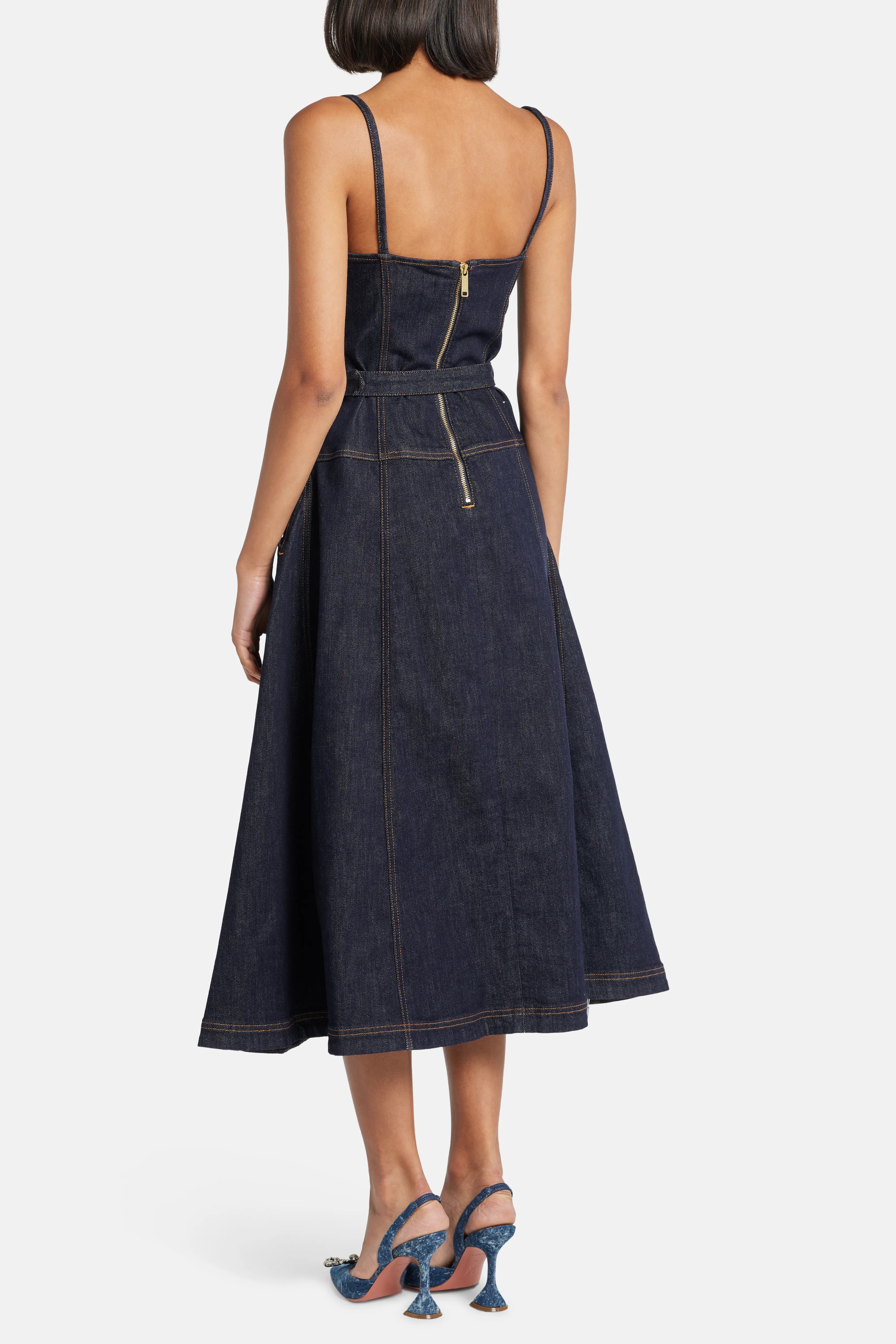 Indigo Denim Sleeveless Flared Cotton Midi Dress in Blue