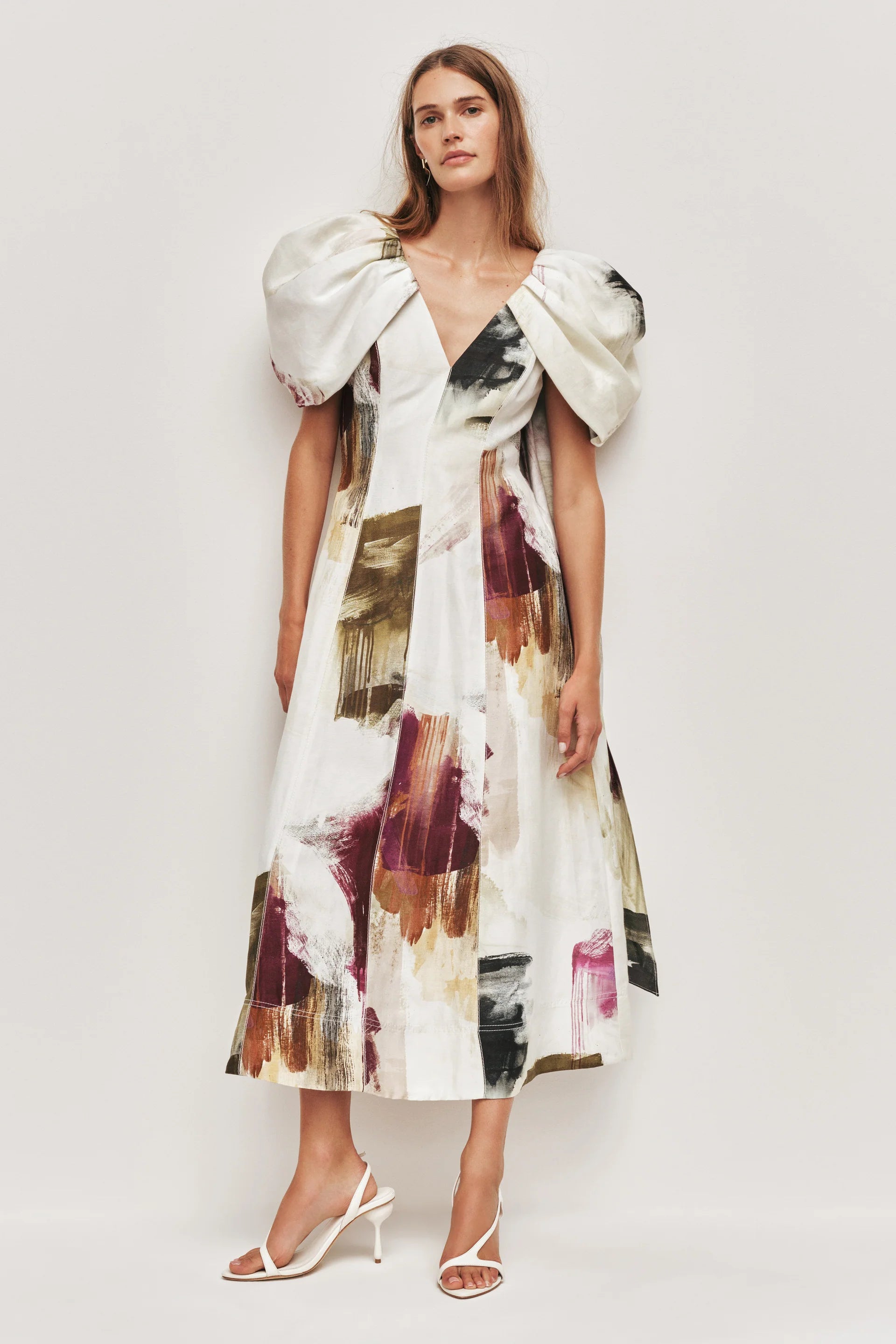 Bisou Puff Sleeves Midi Dress In White