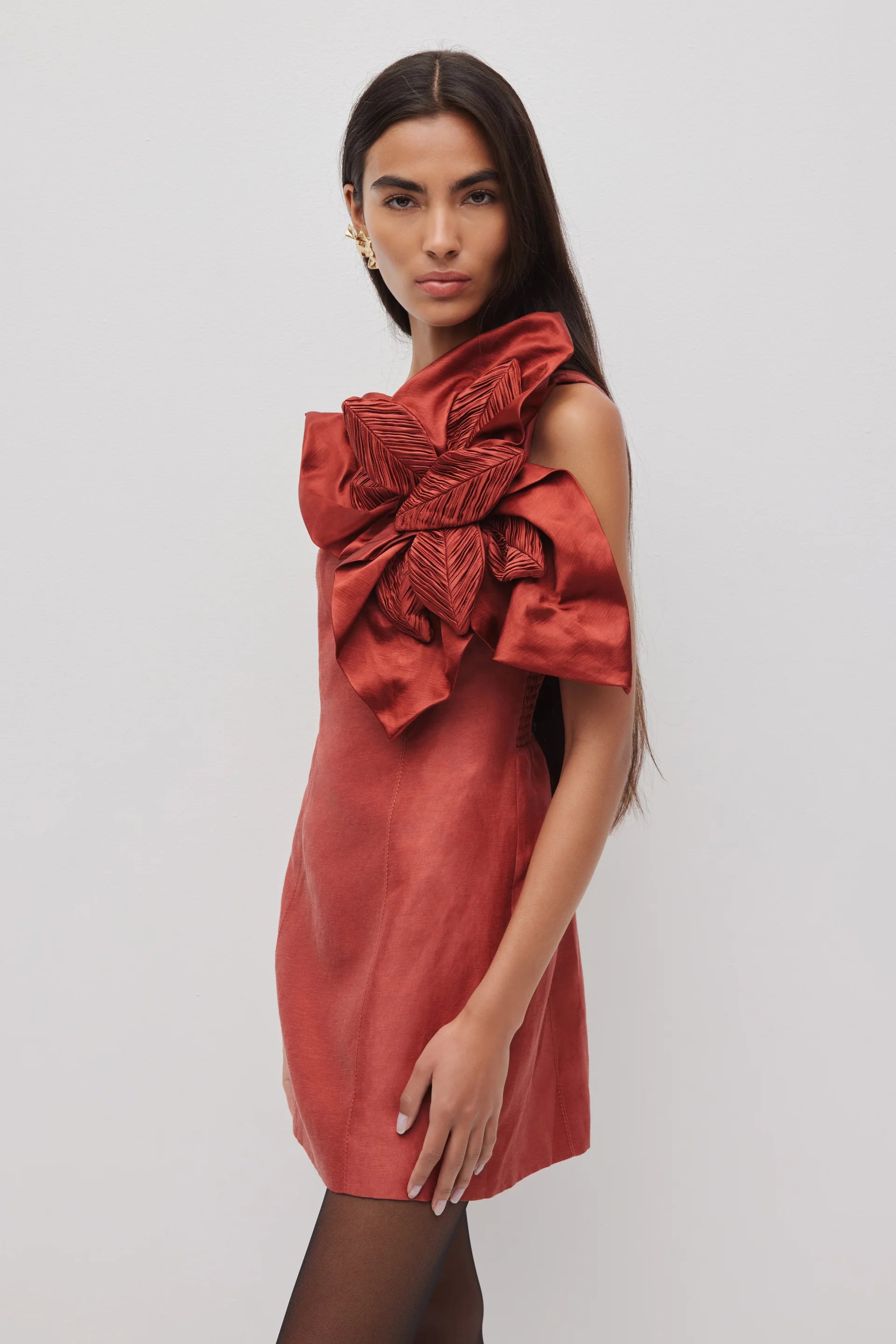 Isla Floral Applique Mini Dress In Brown