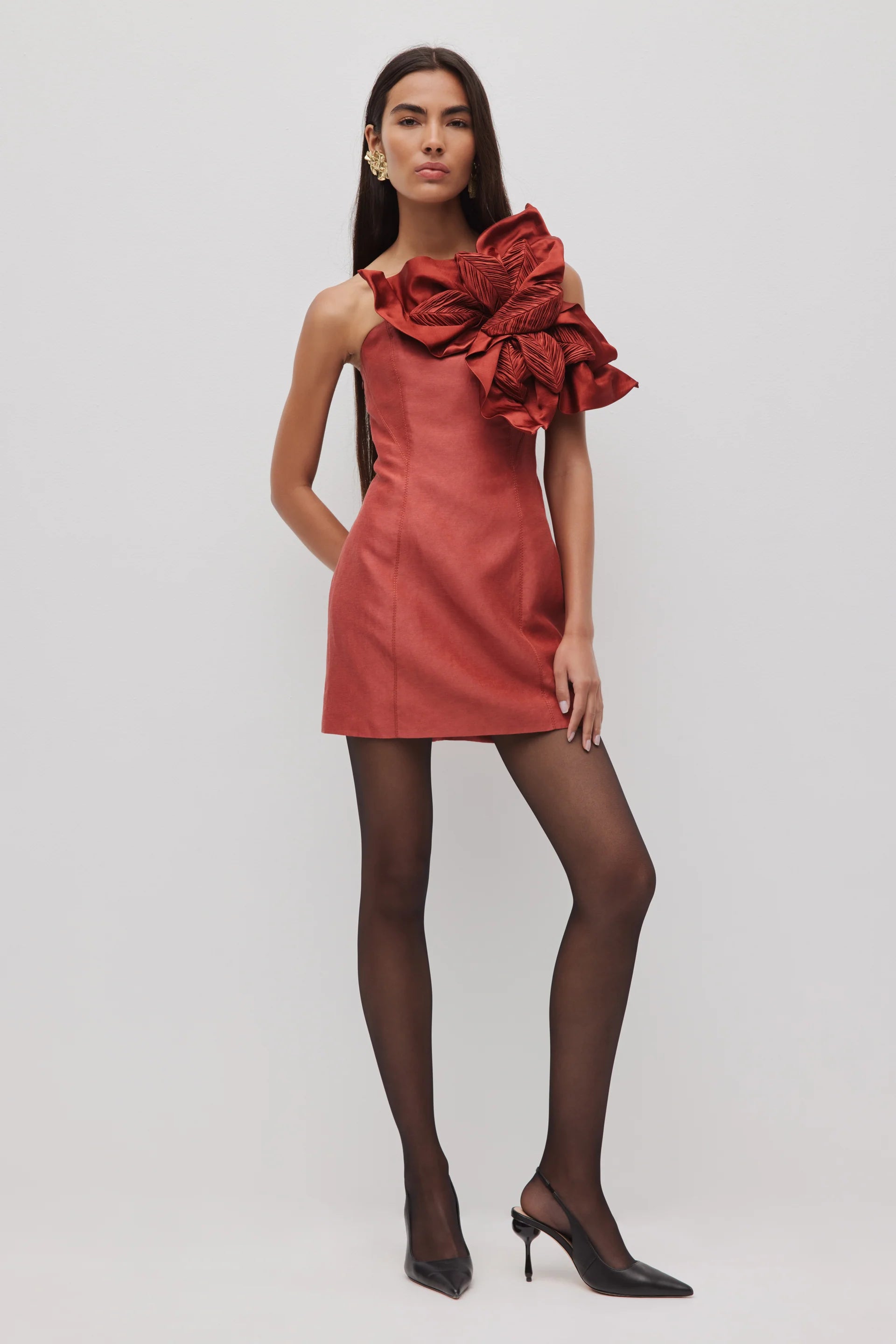 Isla Floral Applique Mini Dress In Brown