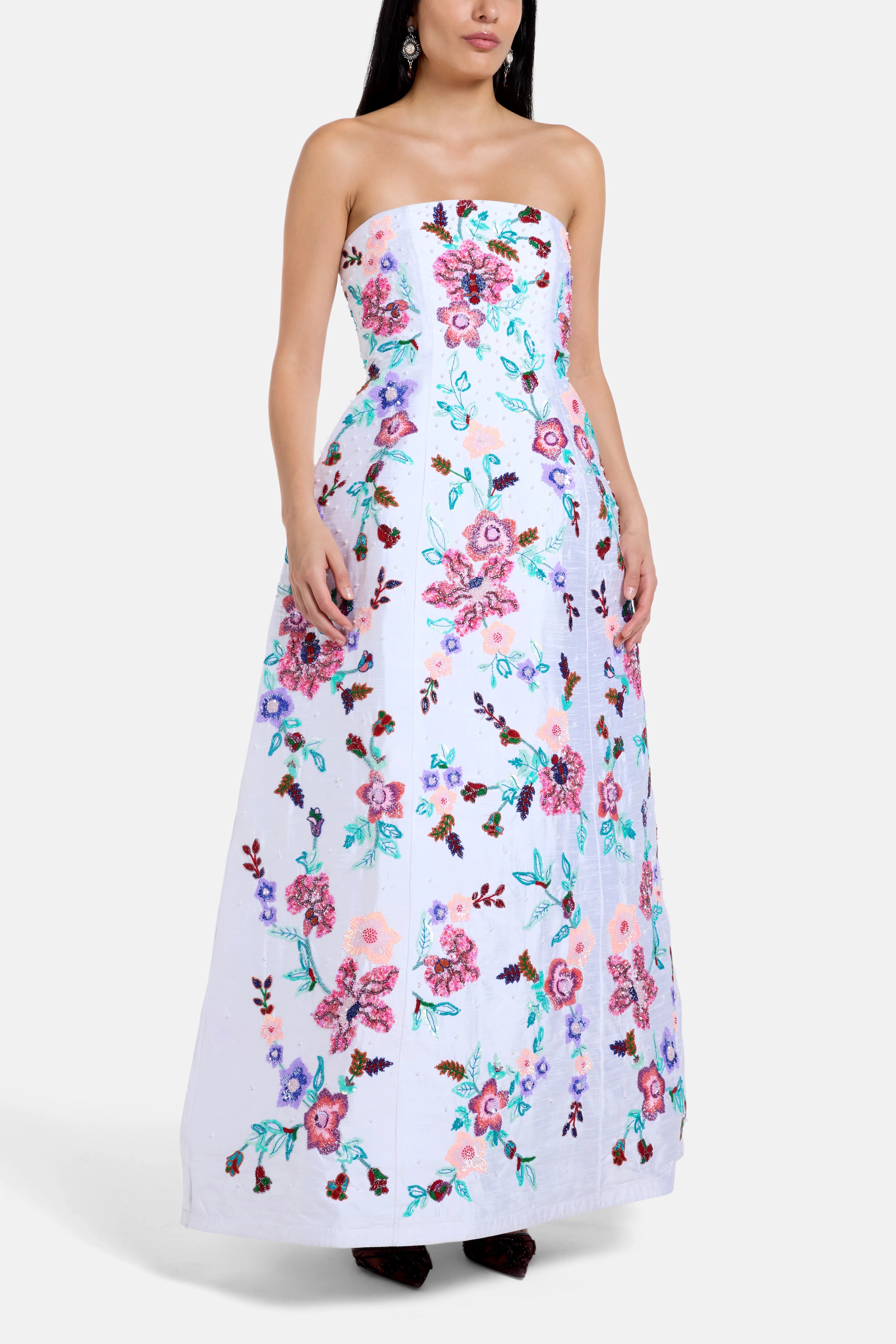Floral Embroidered Sleeveless Silk Maxi Dress in White