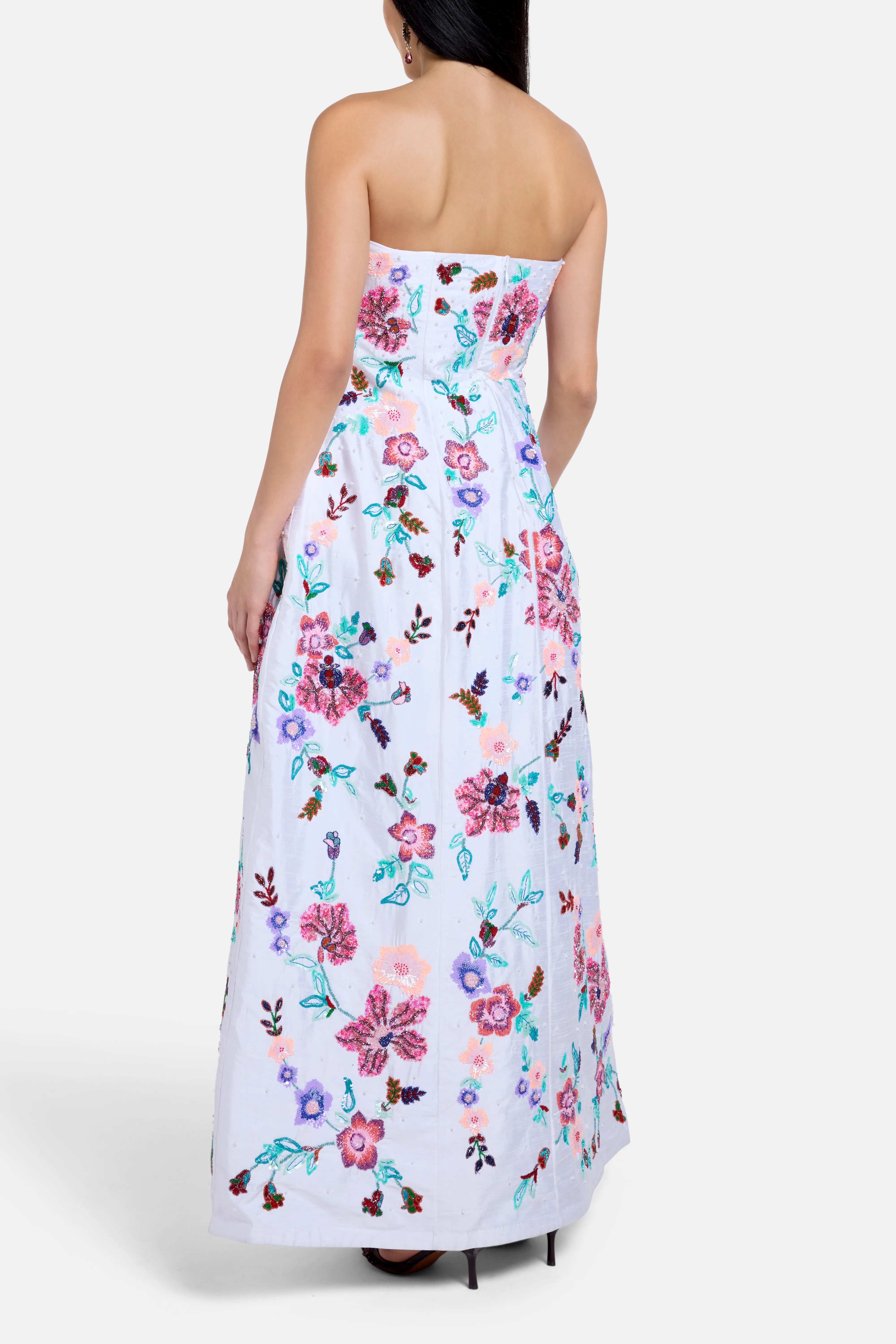 Floral Embroidered Sleeveless Silk Maxi Dress in White