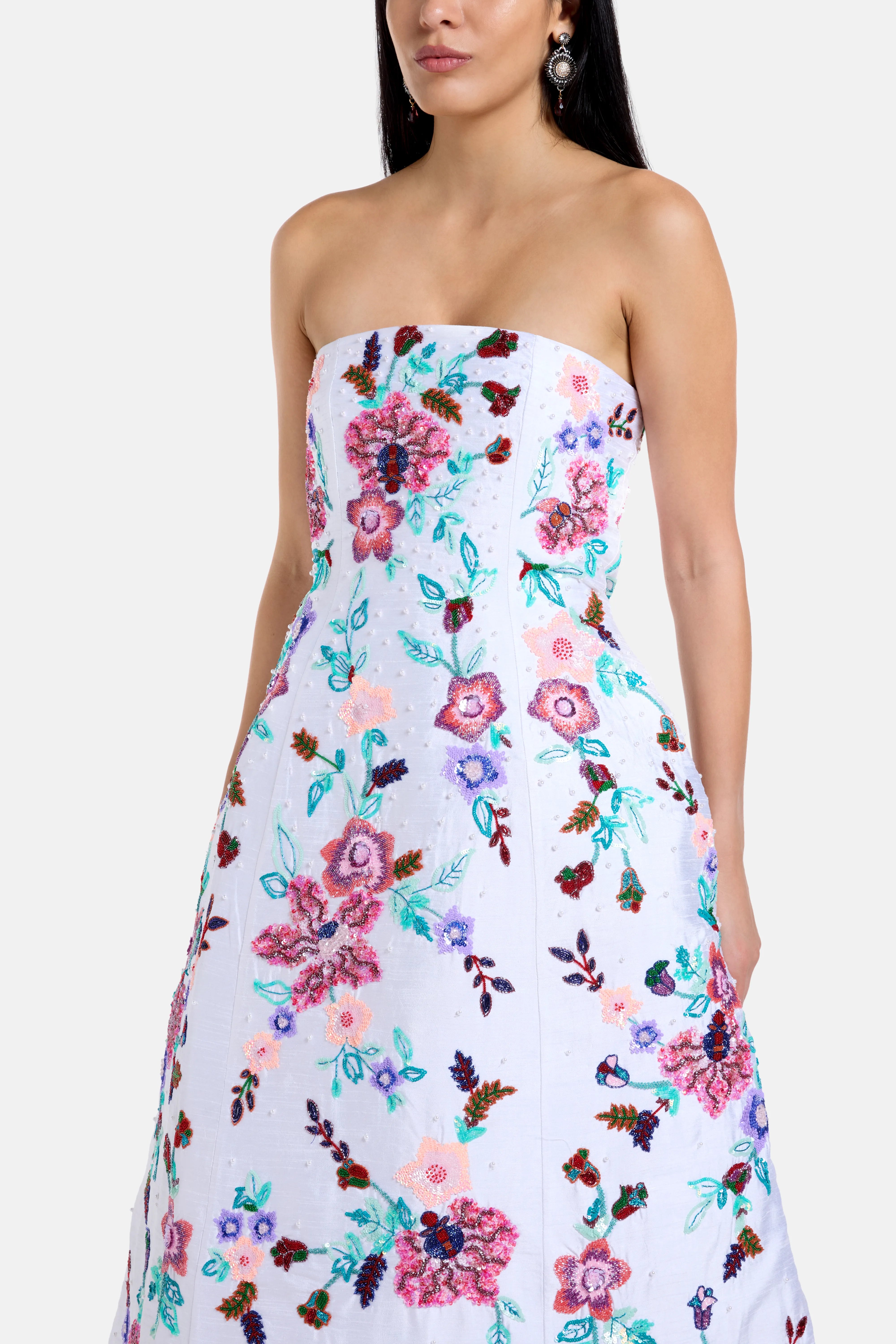 Floral Embroidered Sleeveless Silk Maxi Dress in White