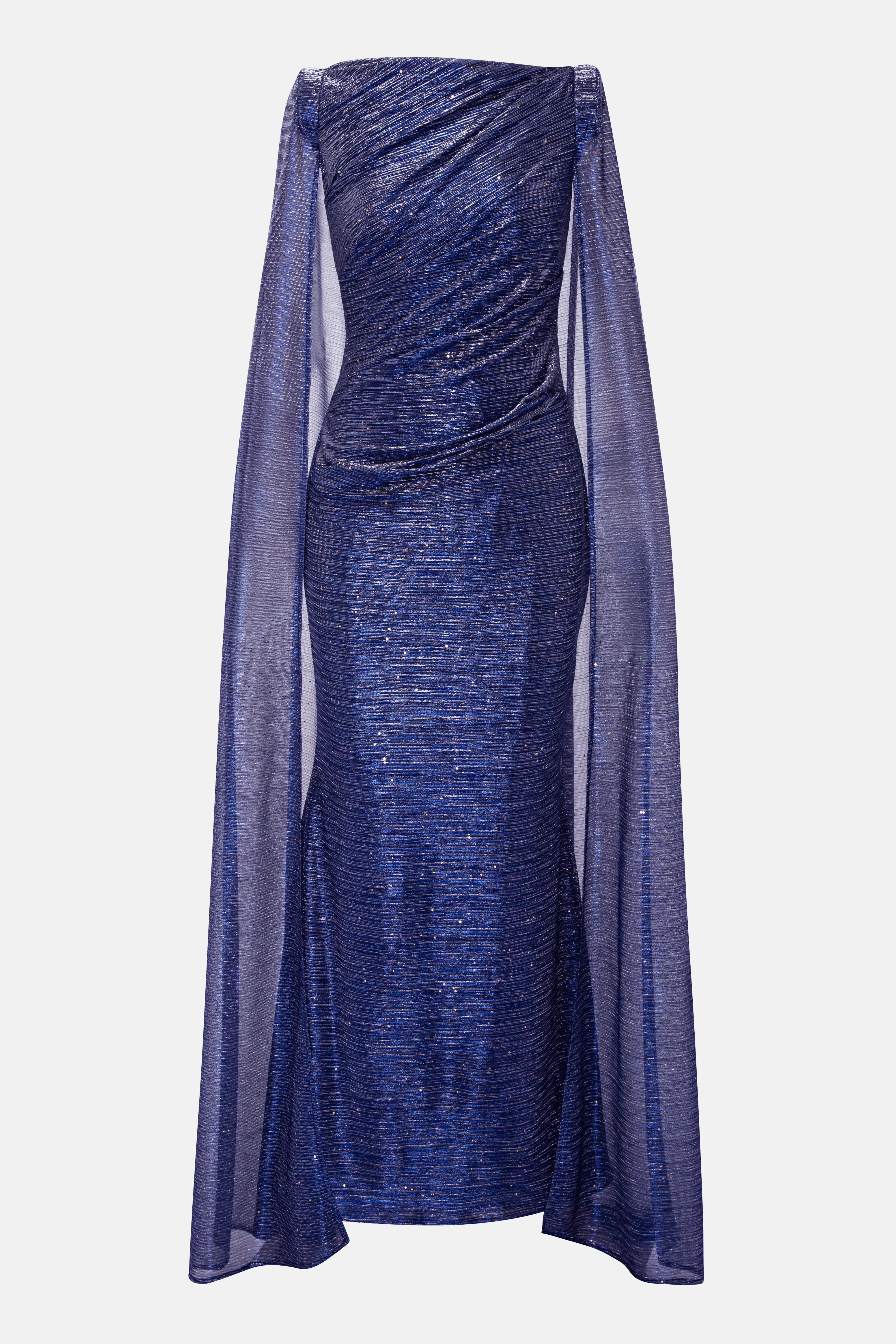 Sprinkled Metallic Shimmer Voile Cape Evening Gown in Blue