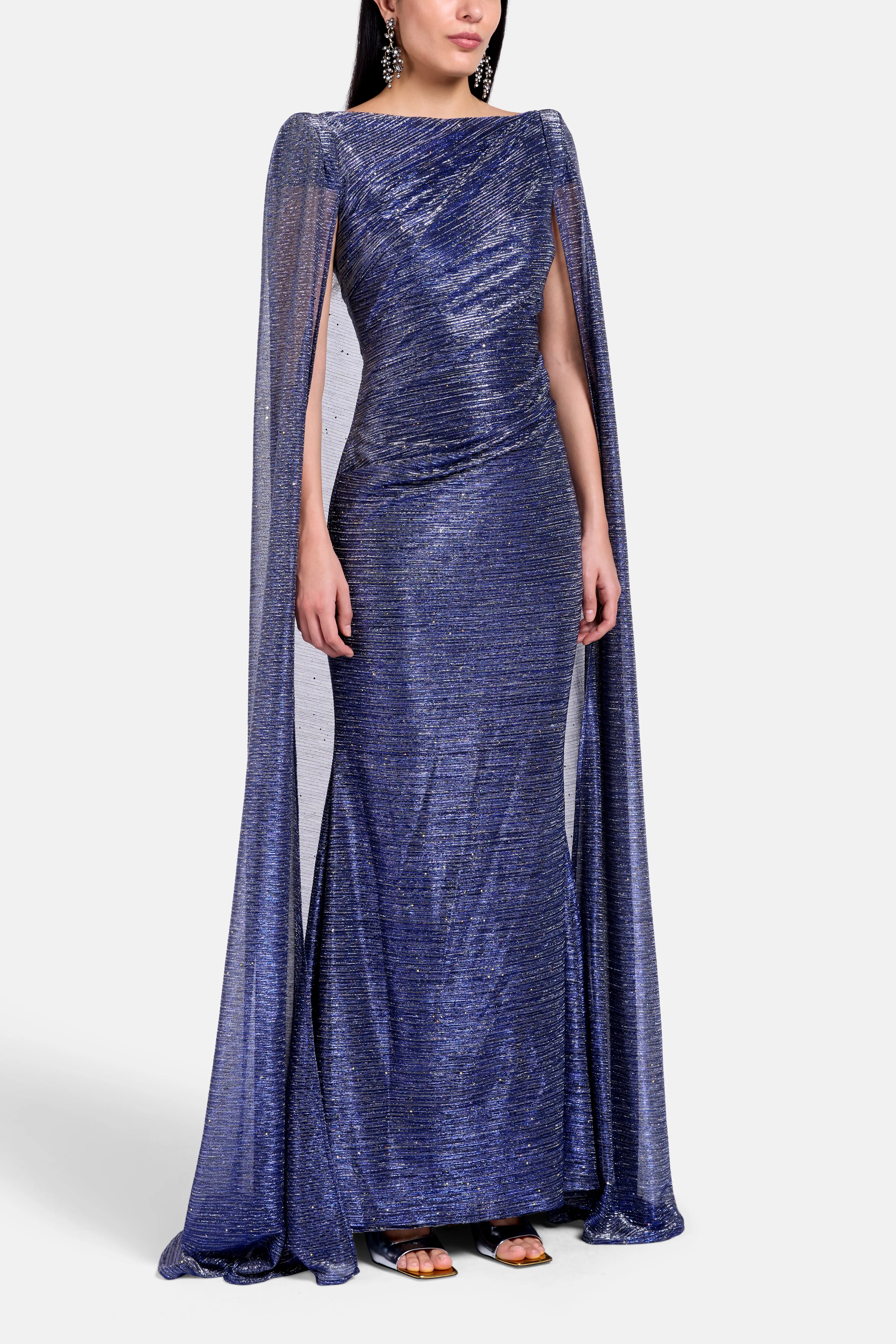 Sprinkled Metallic Shimmer Voile Cape Evening Gown in Blue