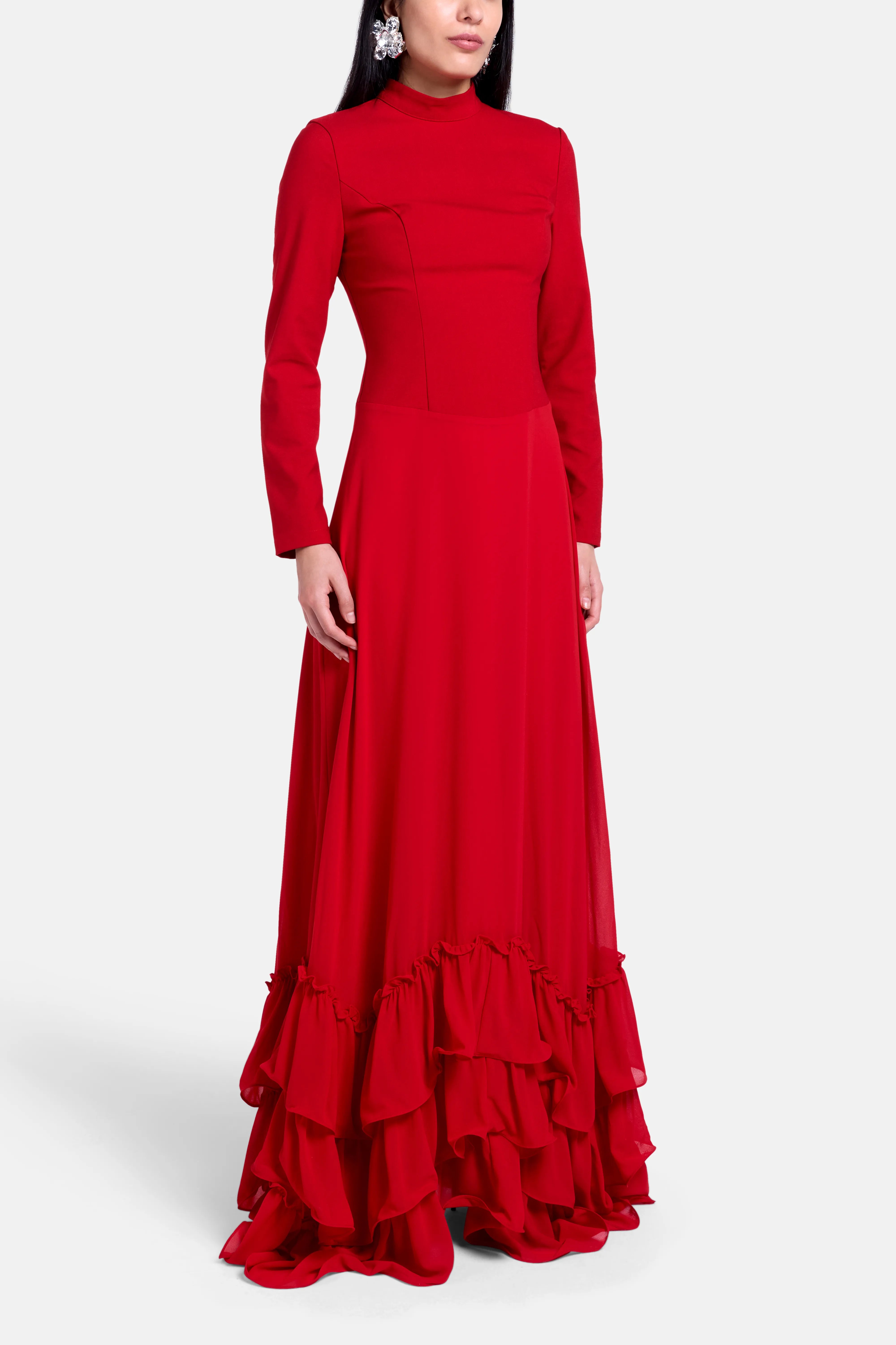 Evelyn Ruffles Maxi Dress in Red