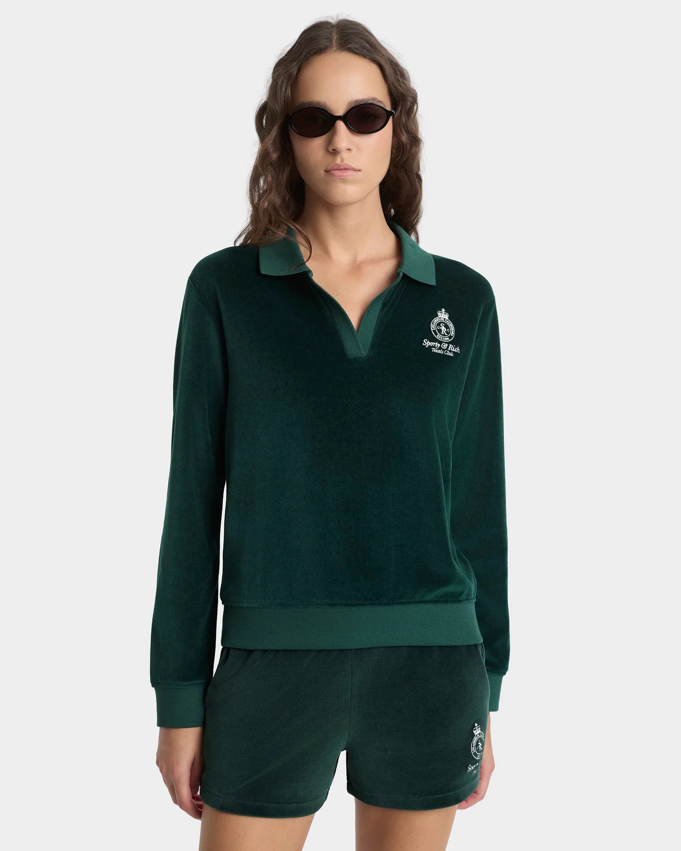 Crown Tennis Velour LS Cotton Polo T-Shirt in Green