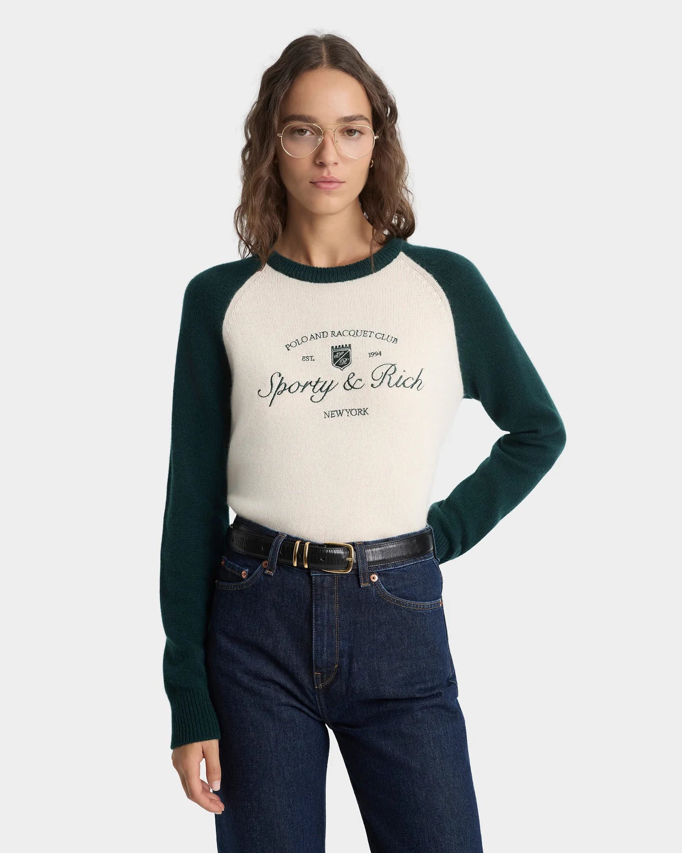 Syracuse Cashmere Wool Baseball Jumper Sweater in Beige and Green