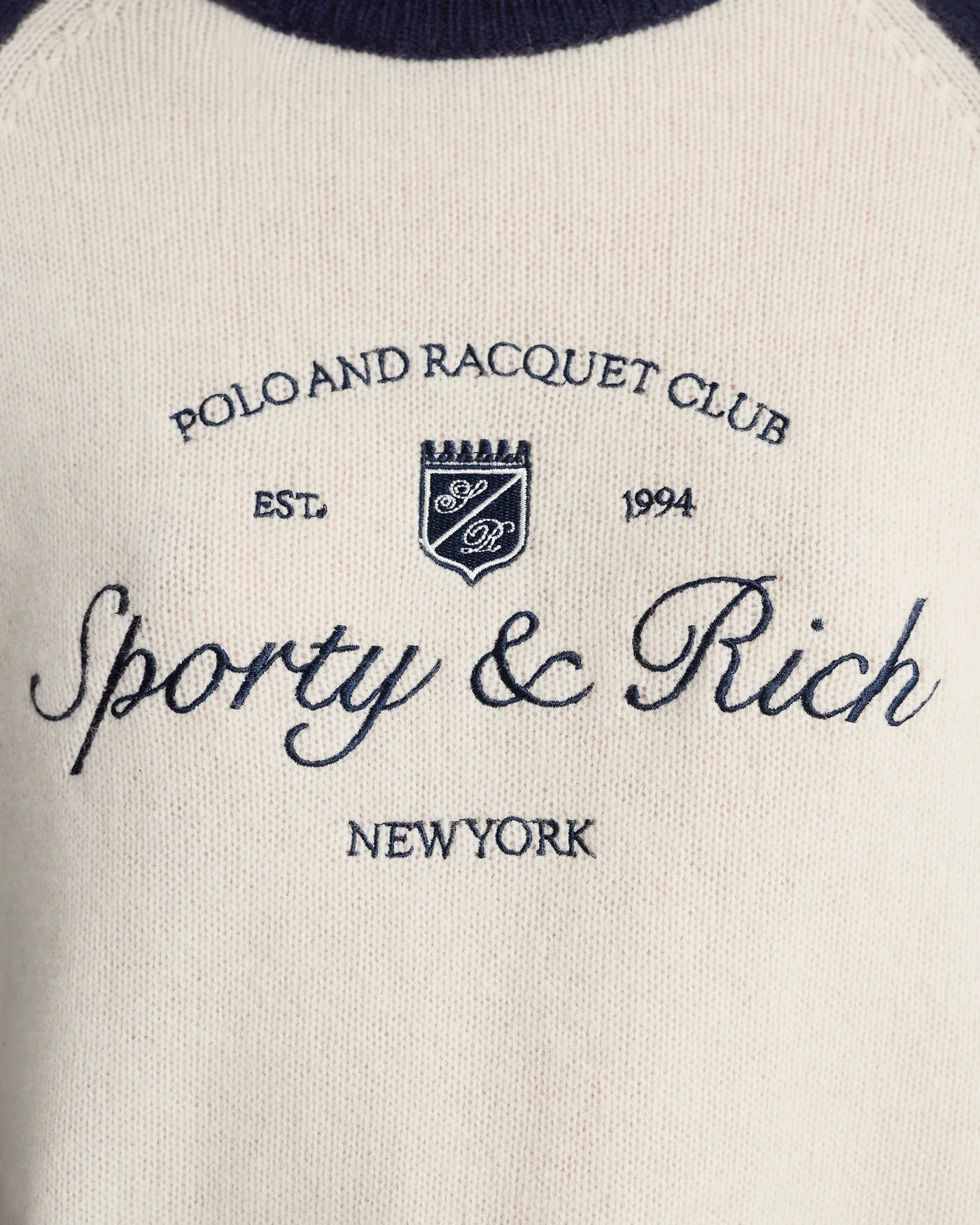 Syracuse Cashmere Wool Baseball Jumper Sweater in Beige and Blue