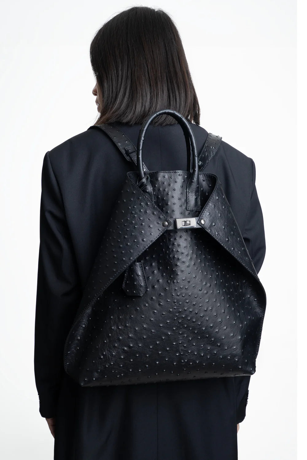 Closer Embossed Ostrich Leather Backpack in Black