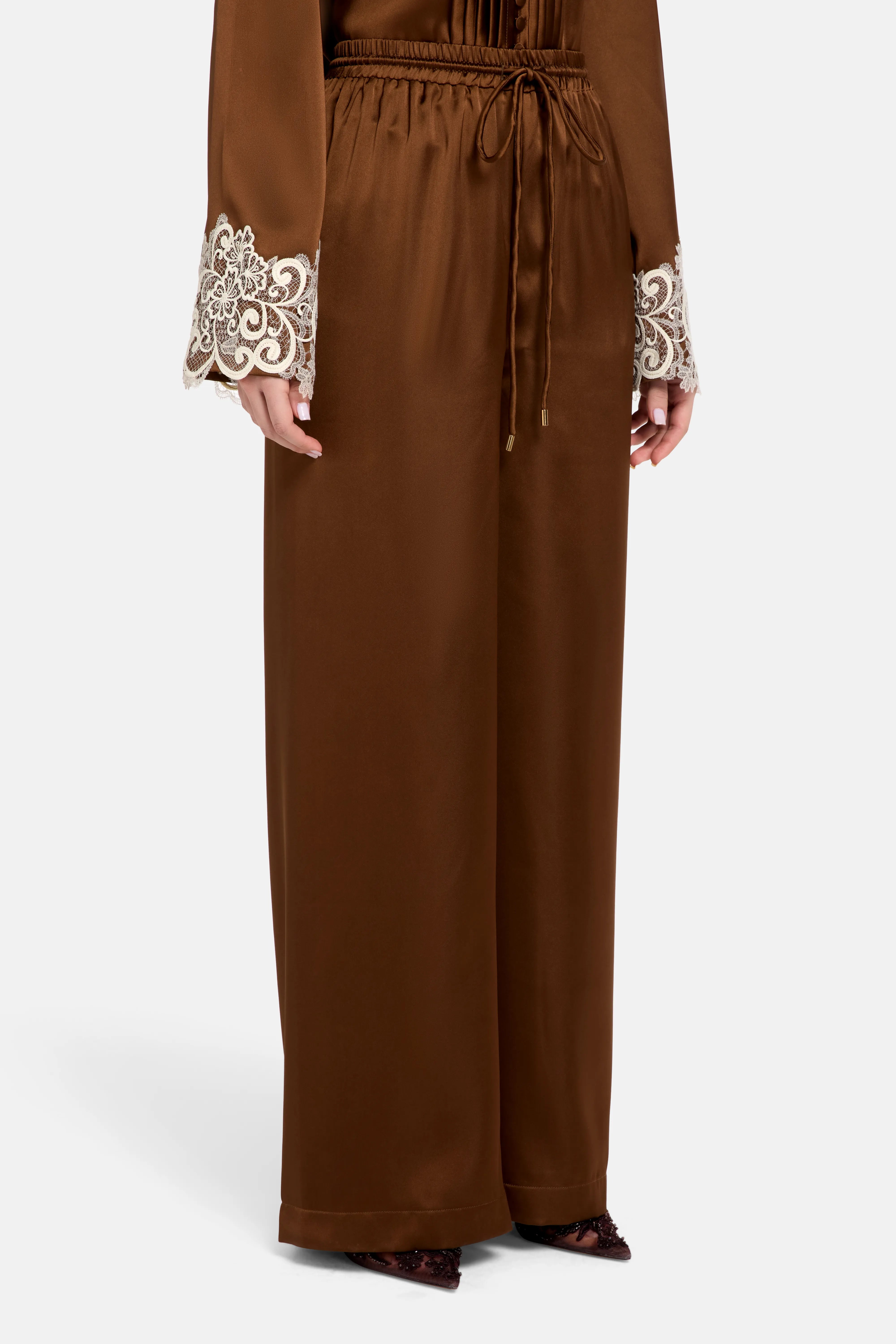 Haneen Linen Satin Coco Wide Legged Trousers in Brown