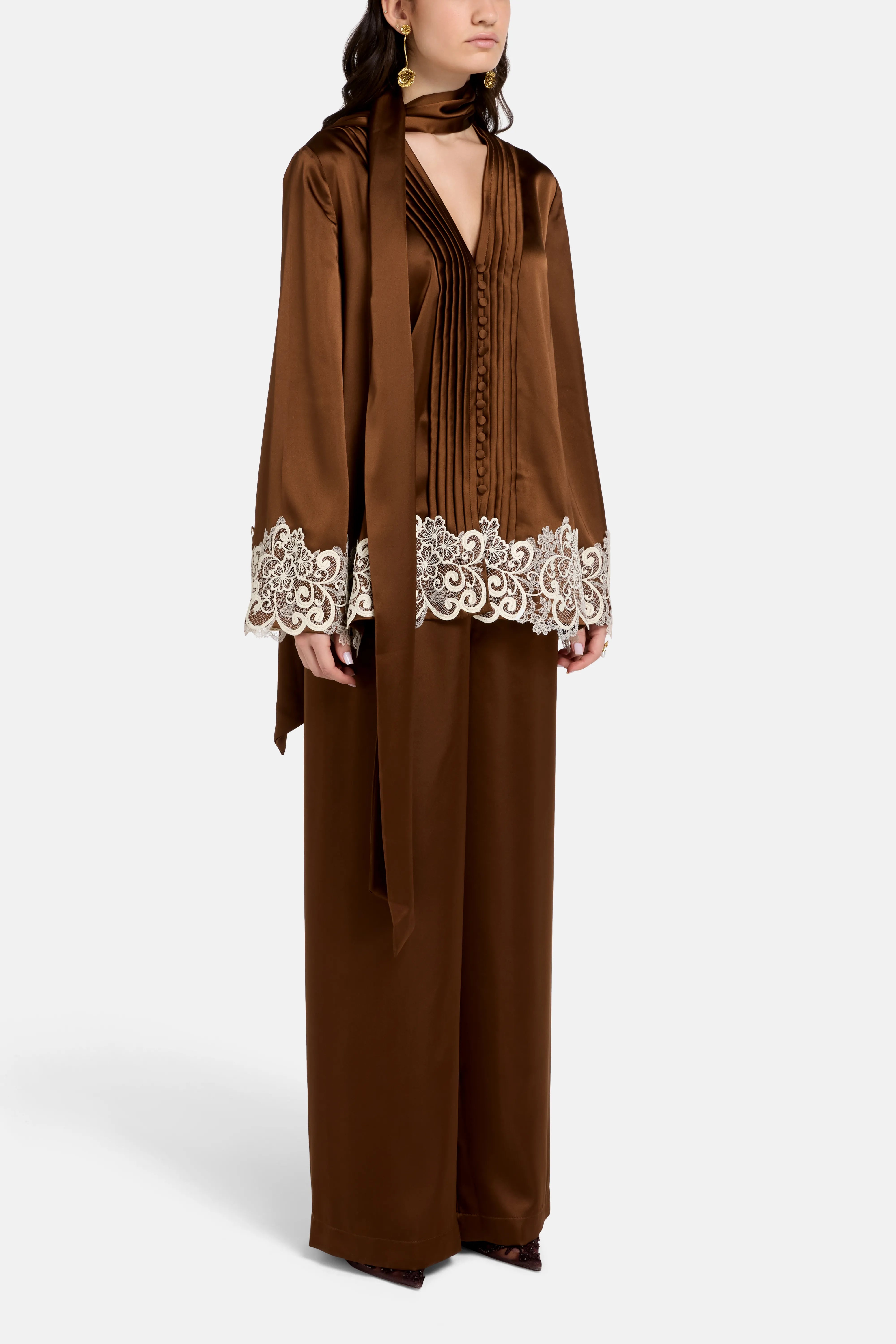 Haneen Linen Satin Lace Details Coco Top in Brown