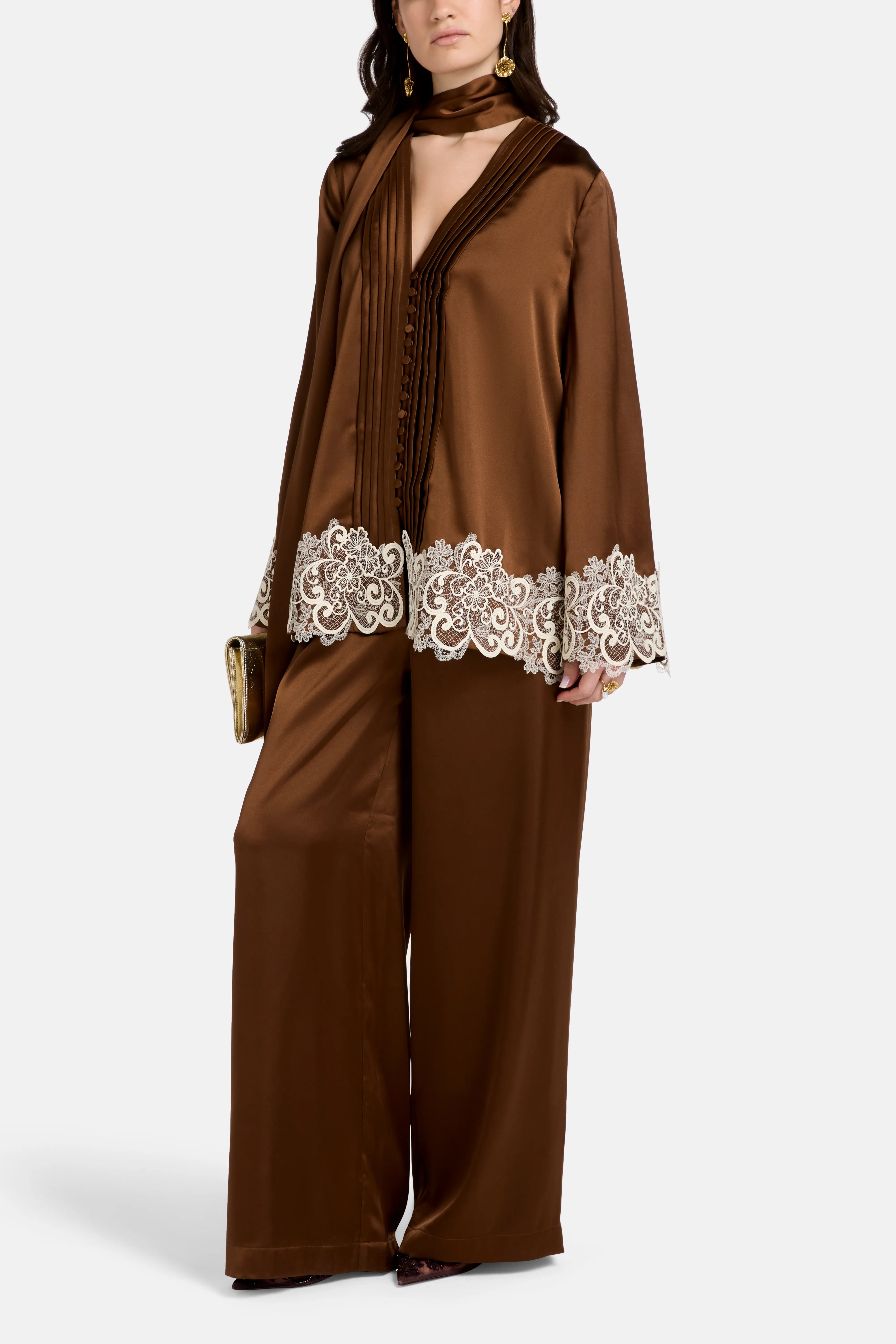 Haneen Linen Satin Lace Details Coco Top in Brown