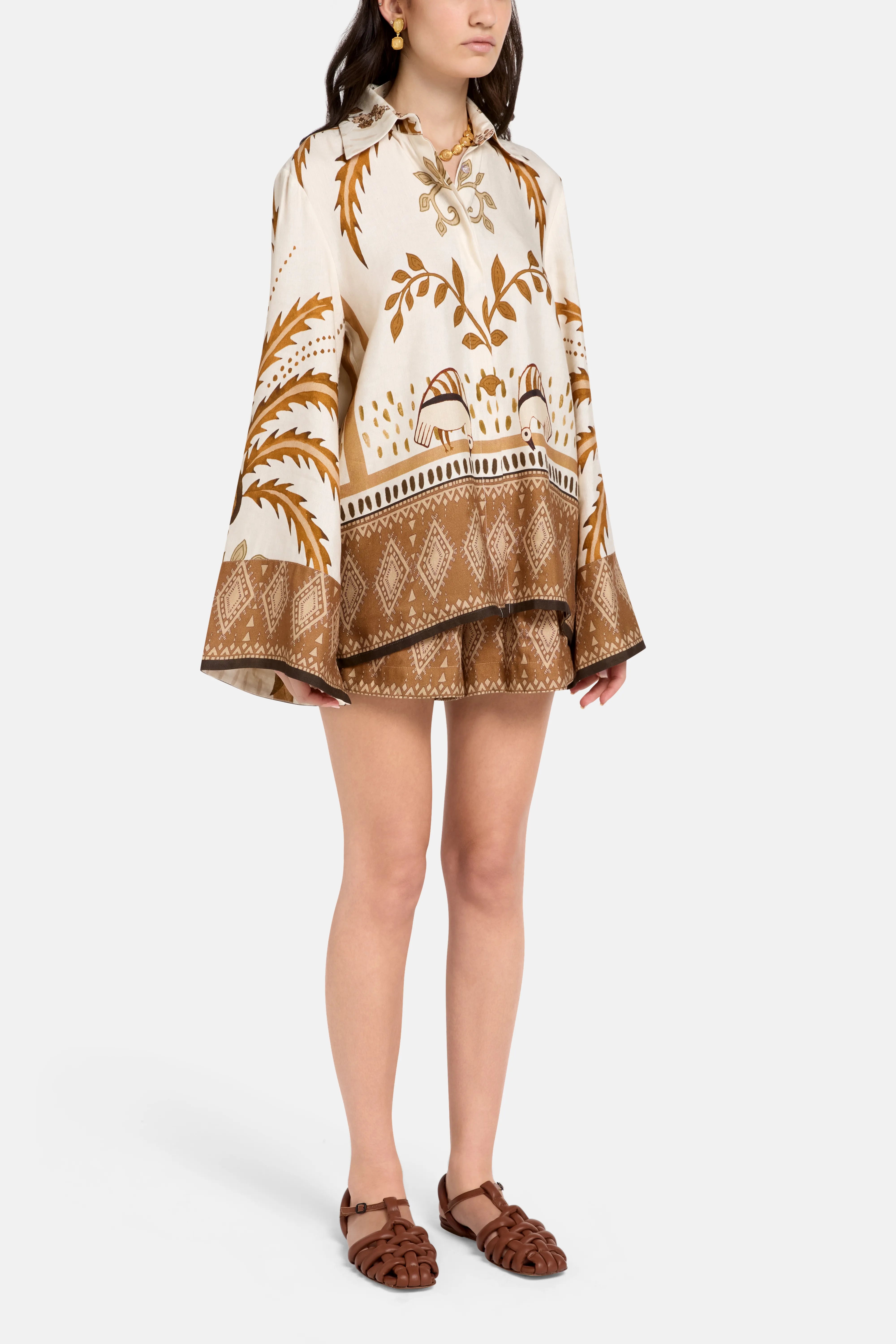 Bela Fonte Print Linen Satin Blouse and Shorts Set in Beige